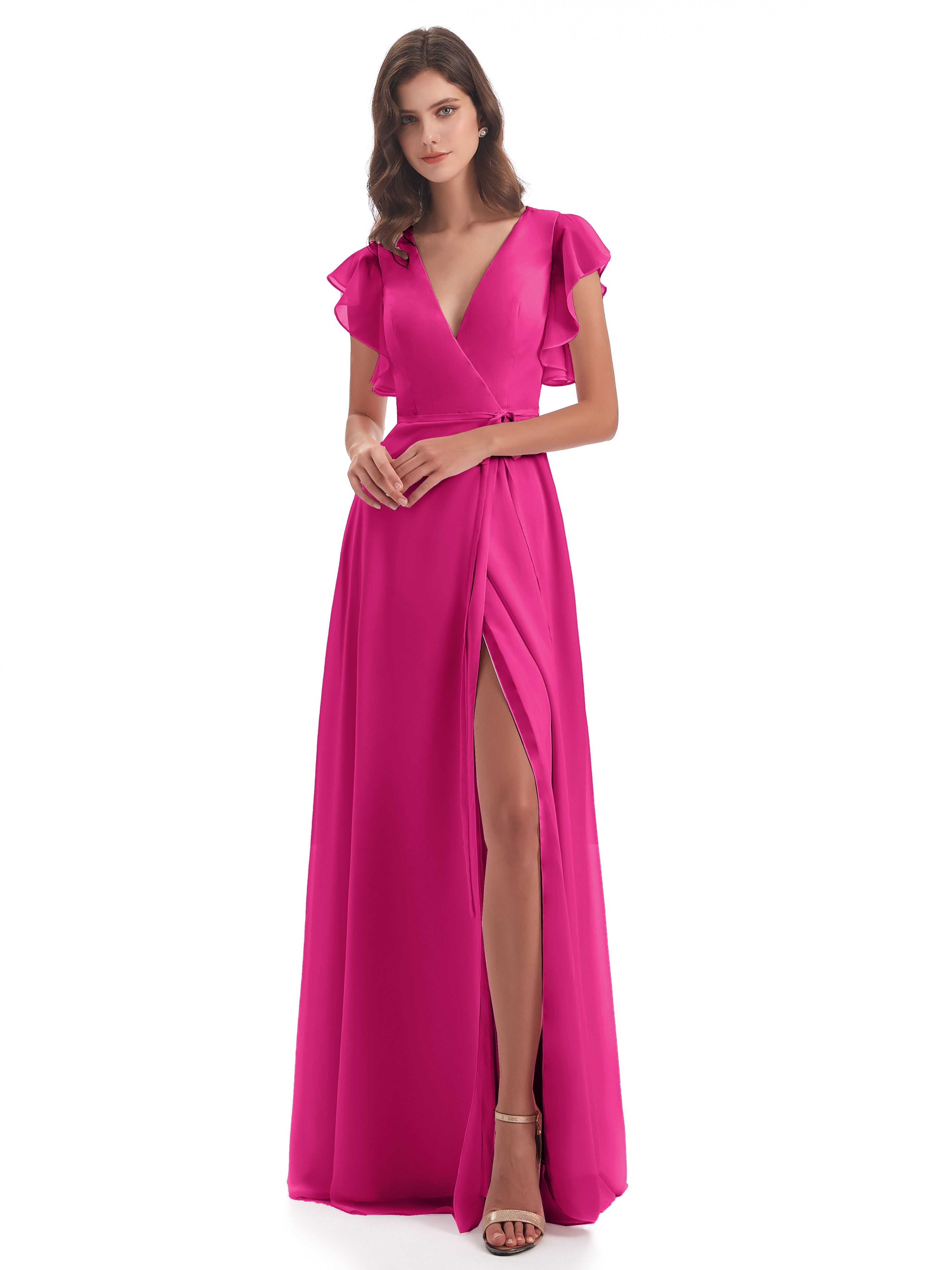 Robe Demoiselle D Honneur Fuchsia Fendue Devant Col V Robes Demoiselle D'Honneur