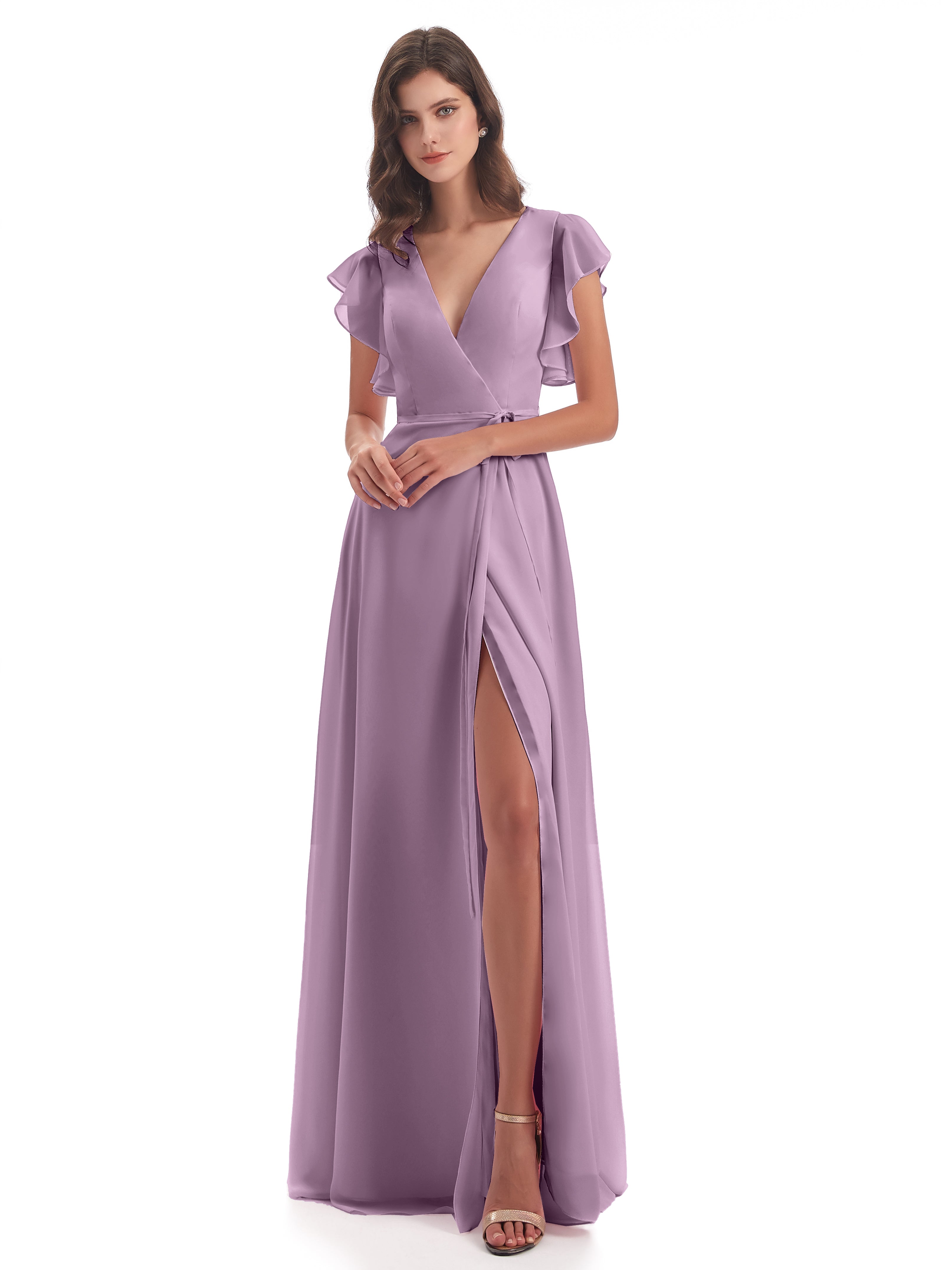 Robes De Demoiselle D'Honneur Glycine Fendue Devant Col V Robes Demoiselle D'Honneur