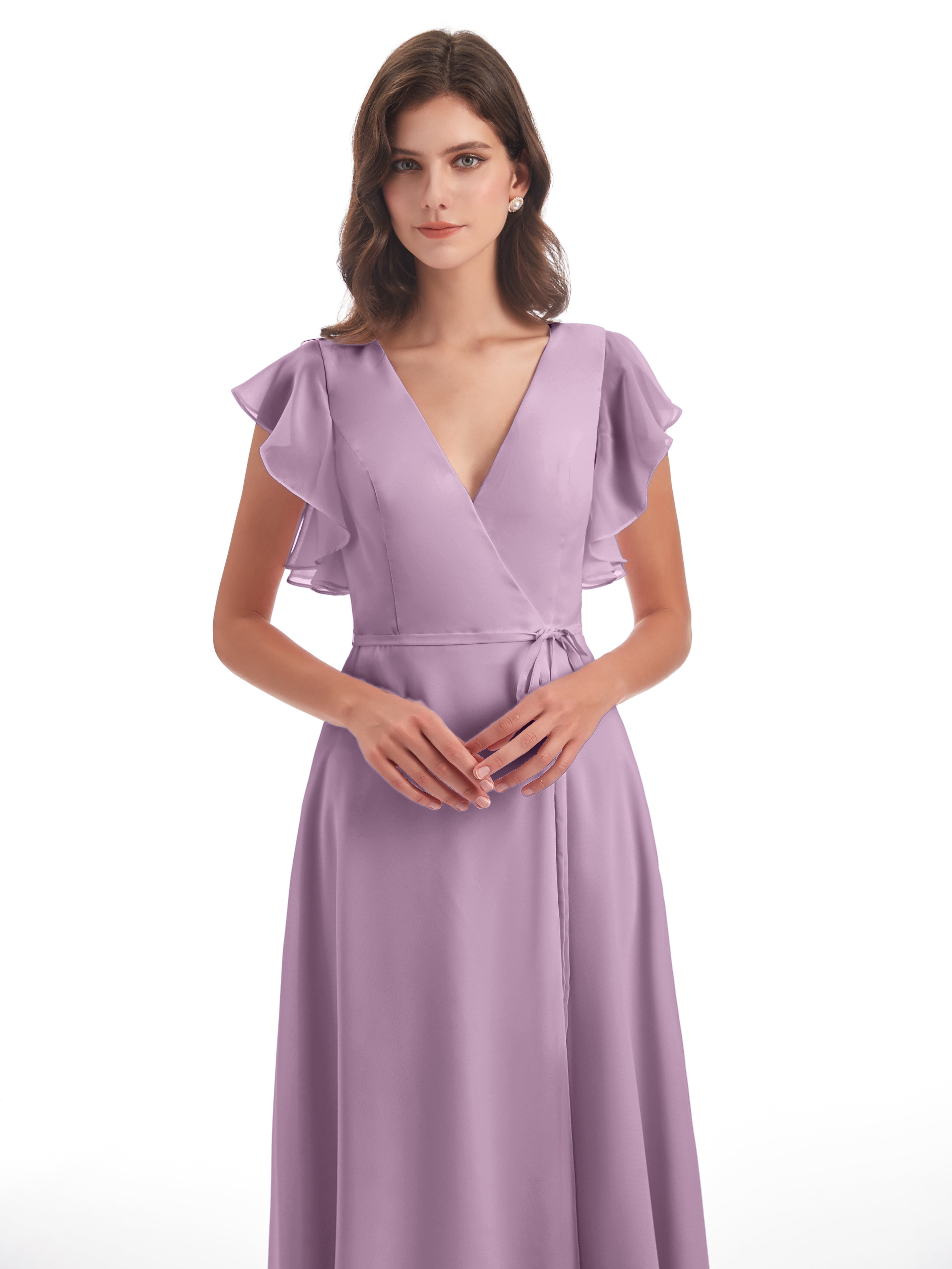 Robes De Demoiselle D'Honneur Glycine Fendue Devant Col V Robes Demoiselle D'Honneur