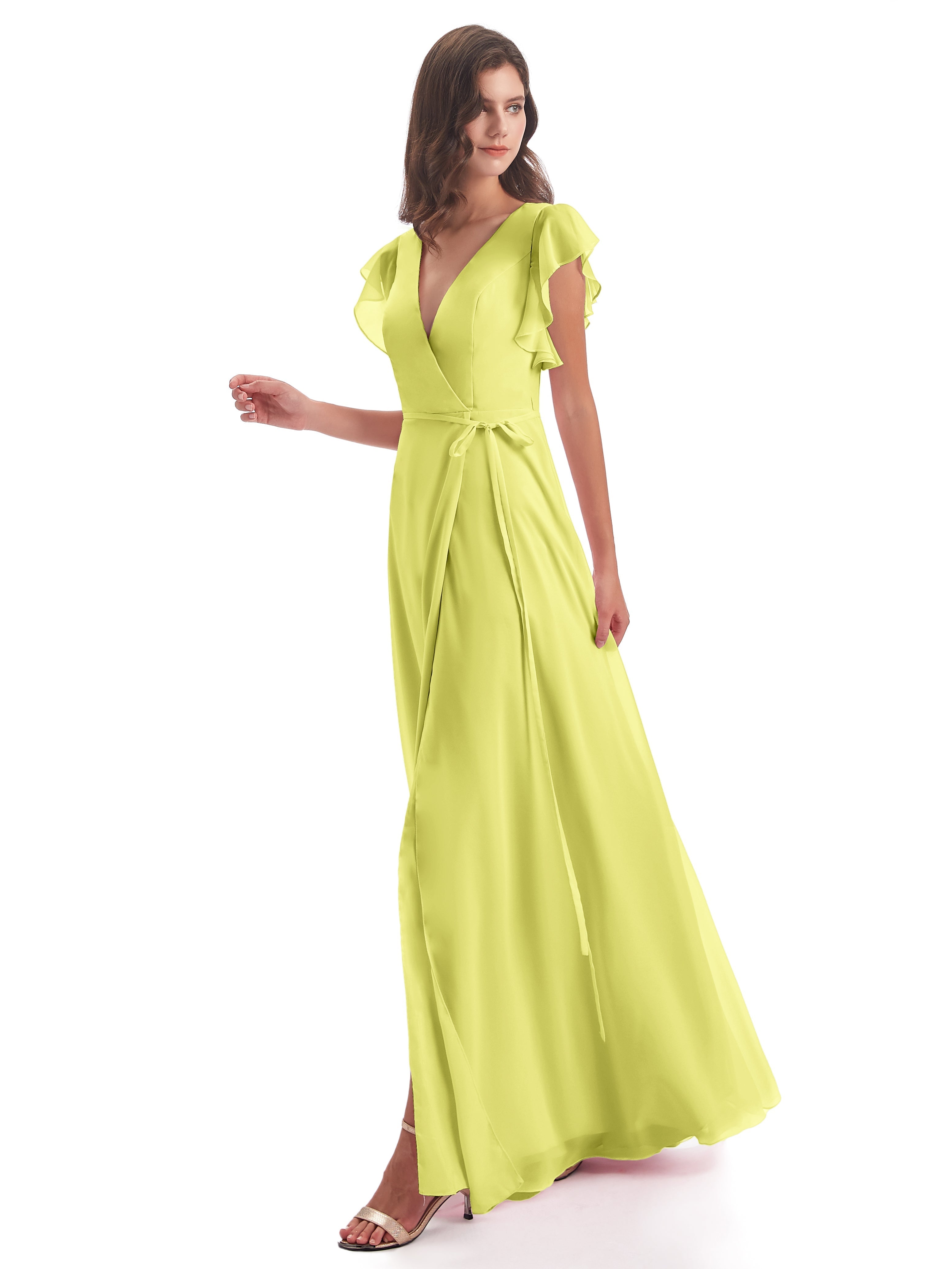 Robes De Demoiselle D'Honneur Jonquille Fendue Devant Col V Robes Demoiselle D'Honneur