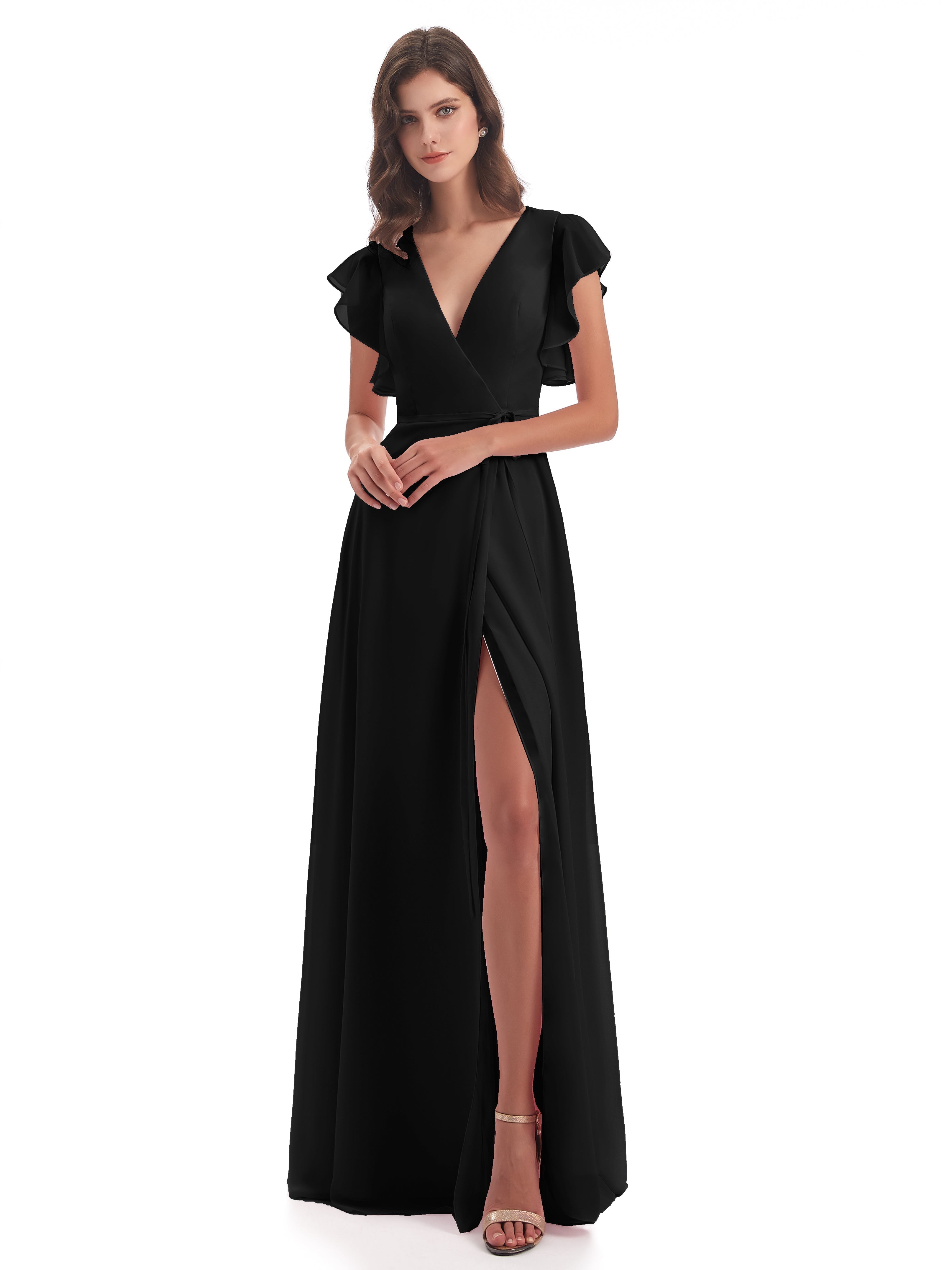 Robe De Demoiselle D Honneur Noire Fendue Devant Col V Robes Demoiselle D'Honneur
