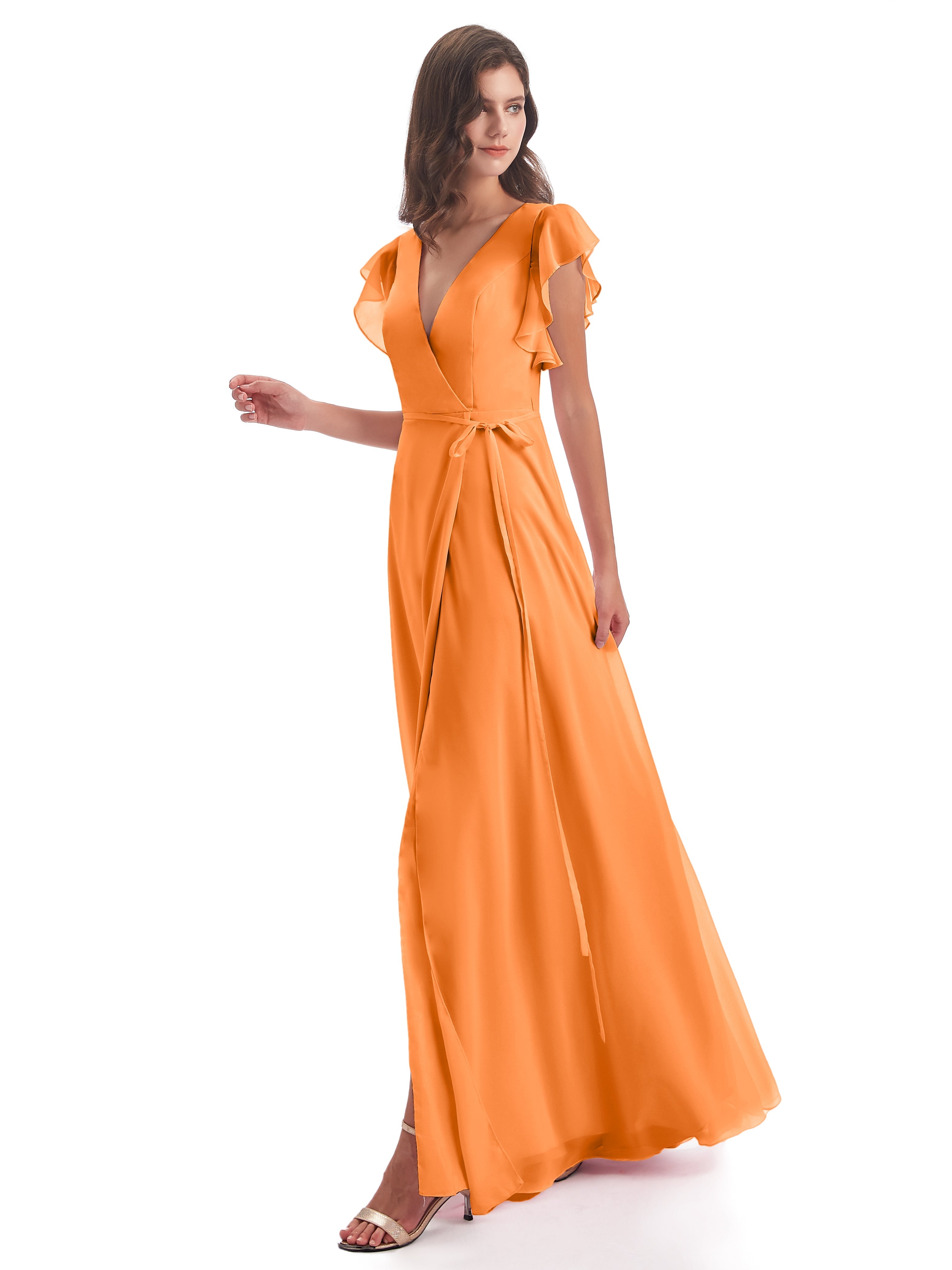 Robe Demoiselle Dhonneur Orange Fendue Devant Col V Robes Demoiselle D'Honneur