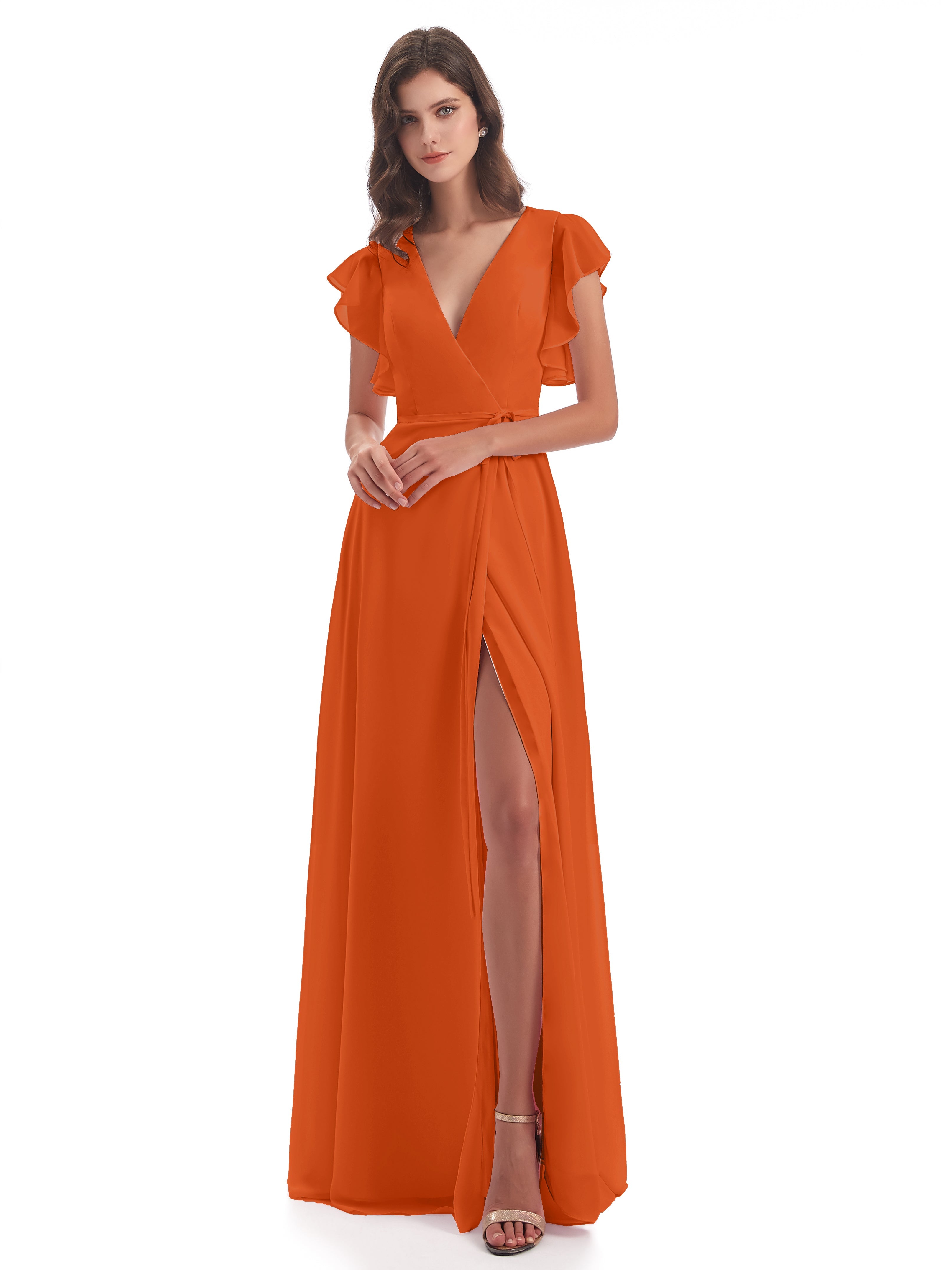 Robes De Demoiselle D'Honneur Orange Foncé Fendue Devant Col V Robes Demoiselle D'Honneur