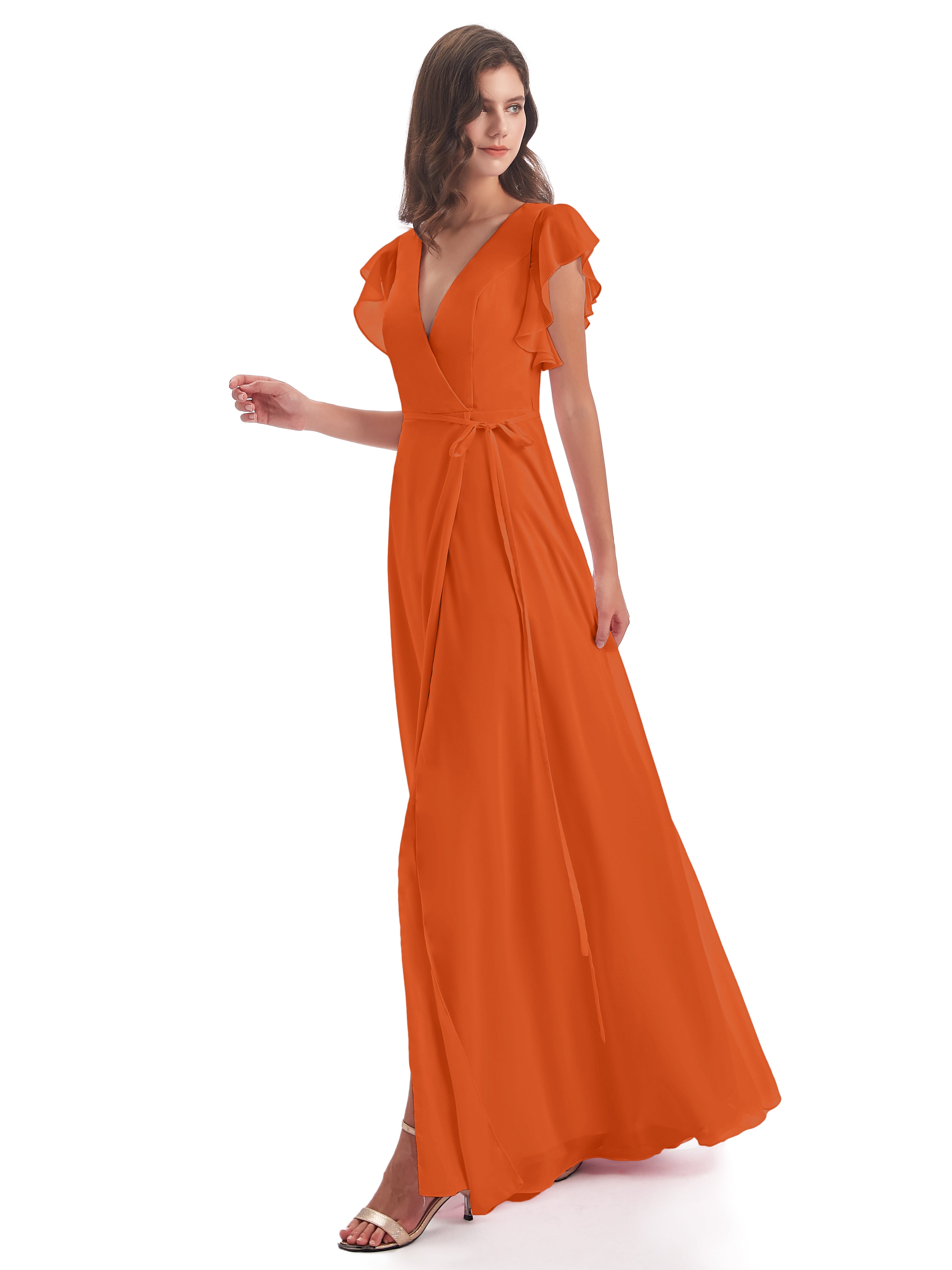 Robes De Demoiselle D'Honneur Orange Foncé Fendue Devant Col V Robes Demoiselle D'Honneur