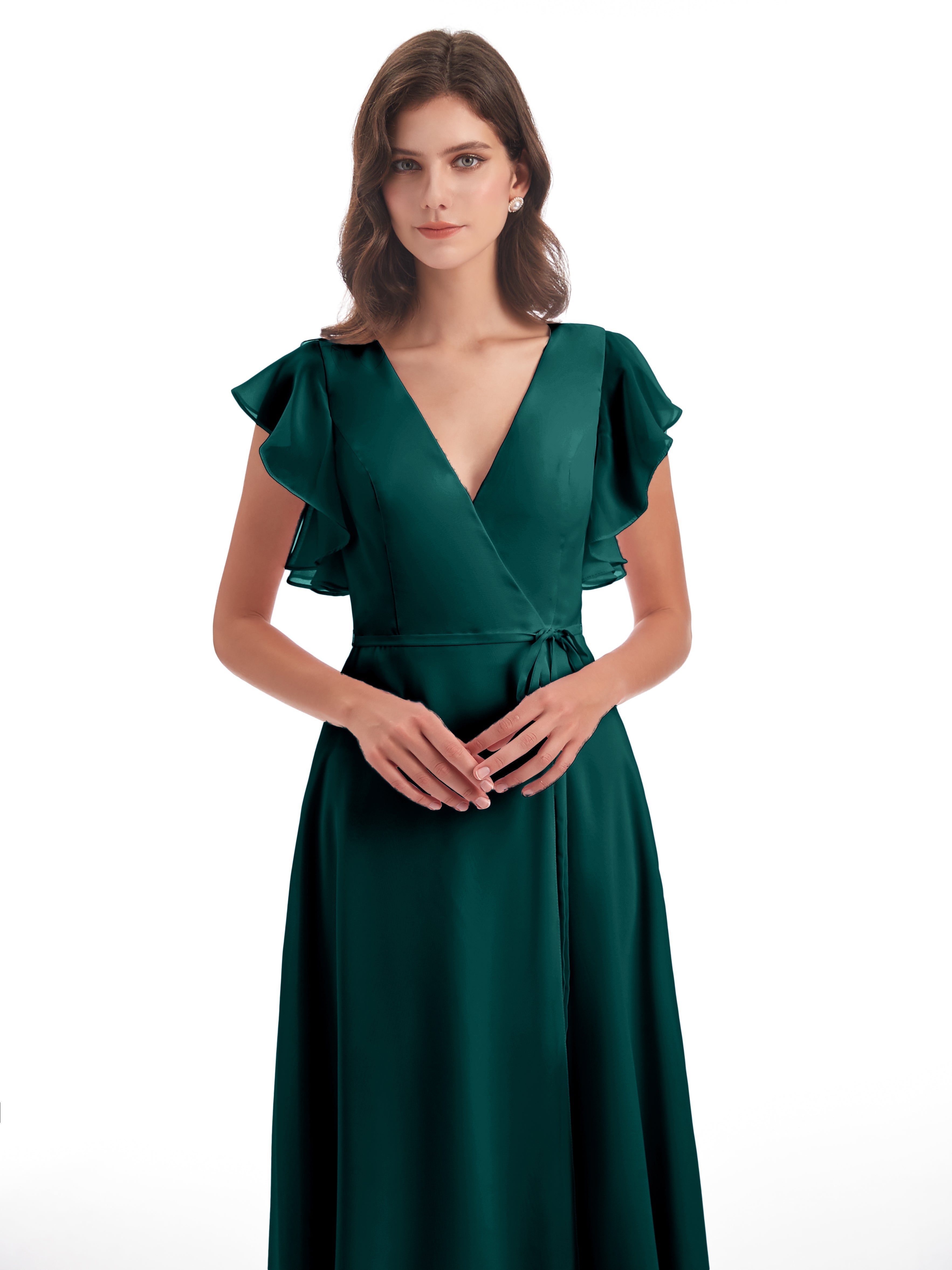 Robes De Demoiselle D'Honneur Couleur Paon Bon Marché Fendue Devant Col V Robes Demoiselle D'Honneur