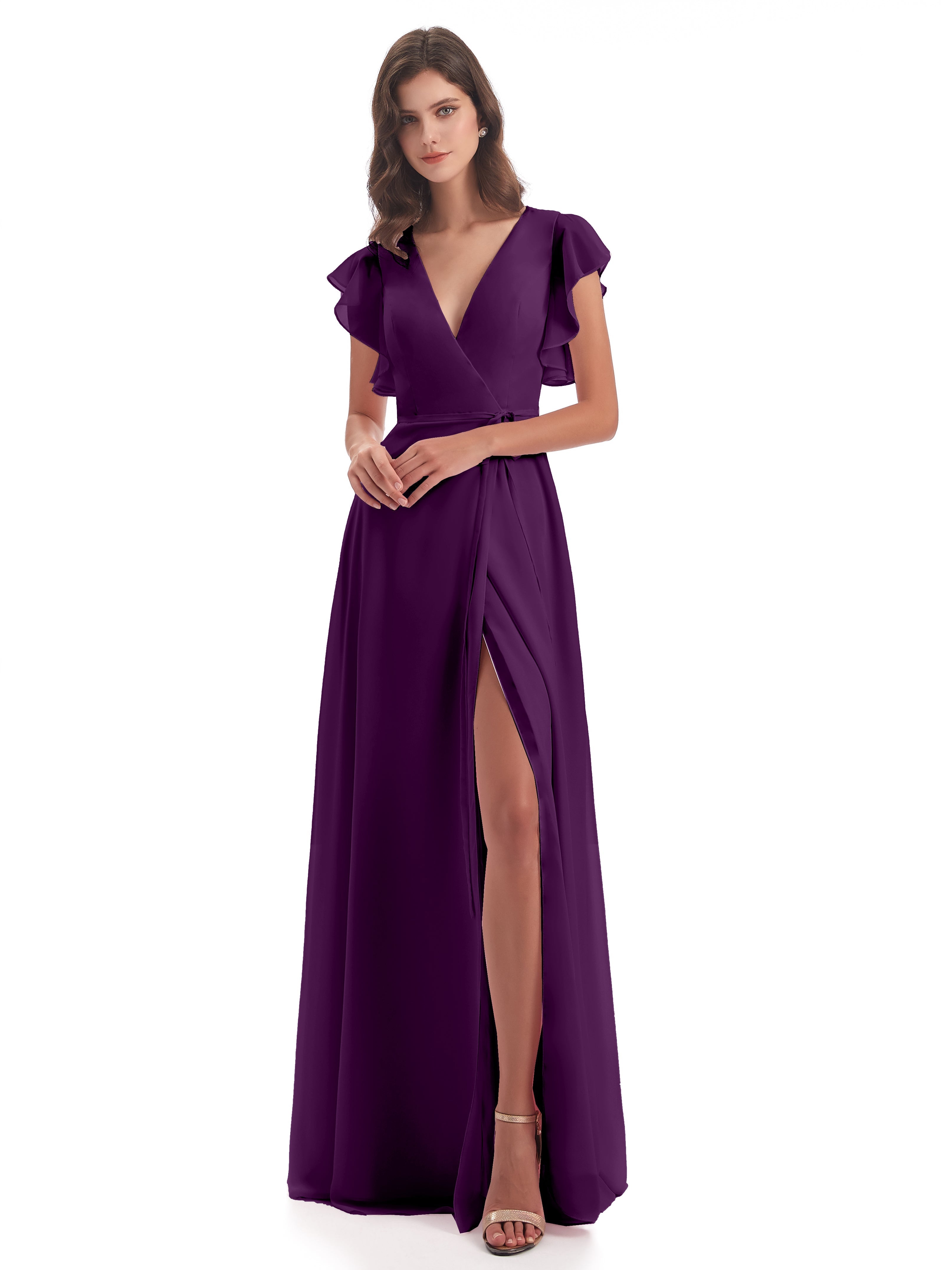 Robes De Demoiselle D'Honneur En Raisin Fendue Devant Col V Robes Demoiselle D'Honneur