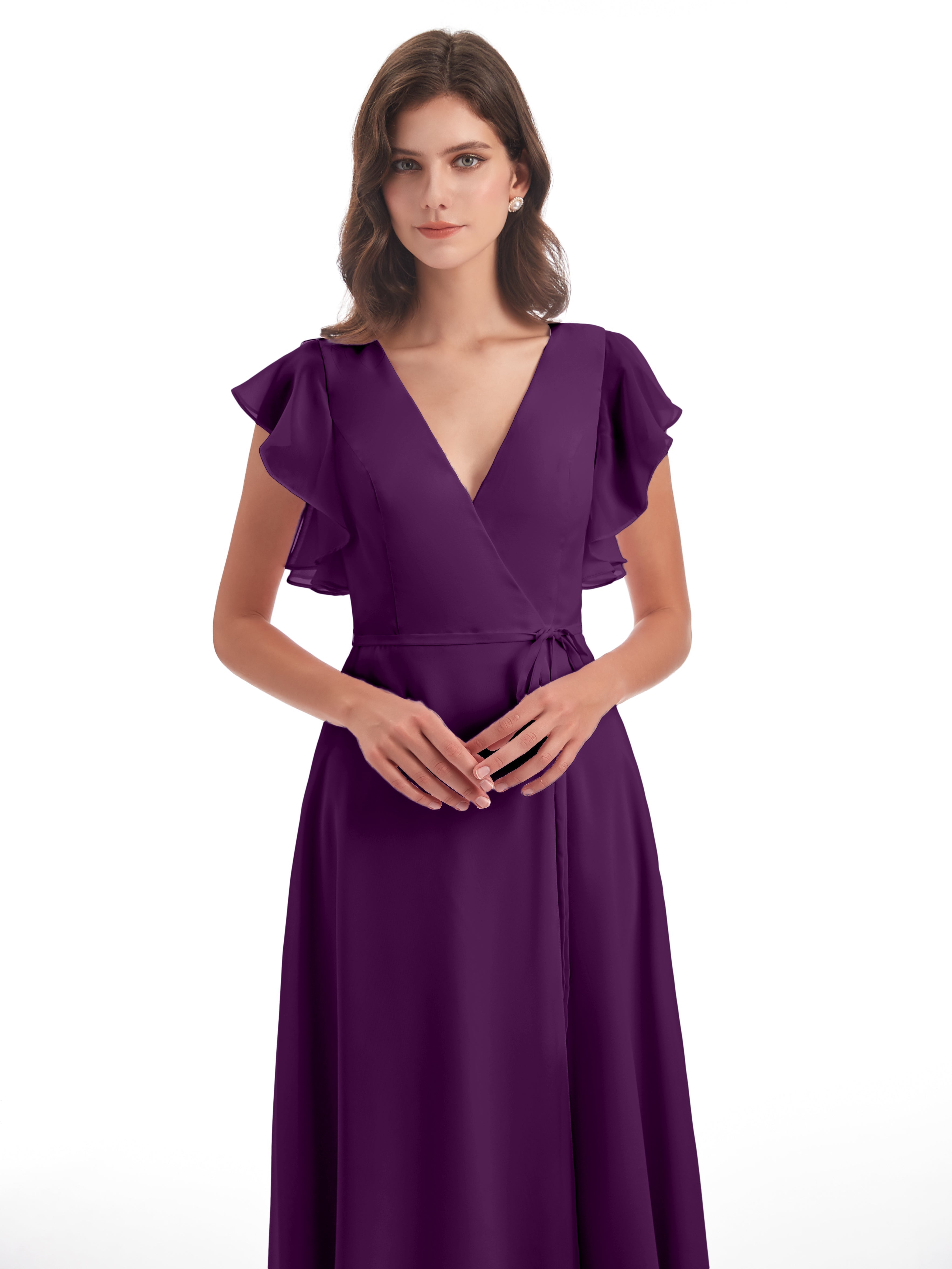 Robes De Demoiselle D'Honneur En Raisin Fendue Devant Col V Robes Demoiselle D'Honneur