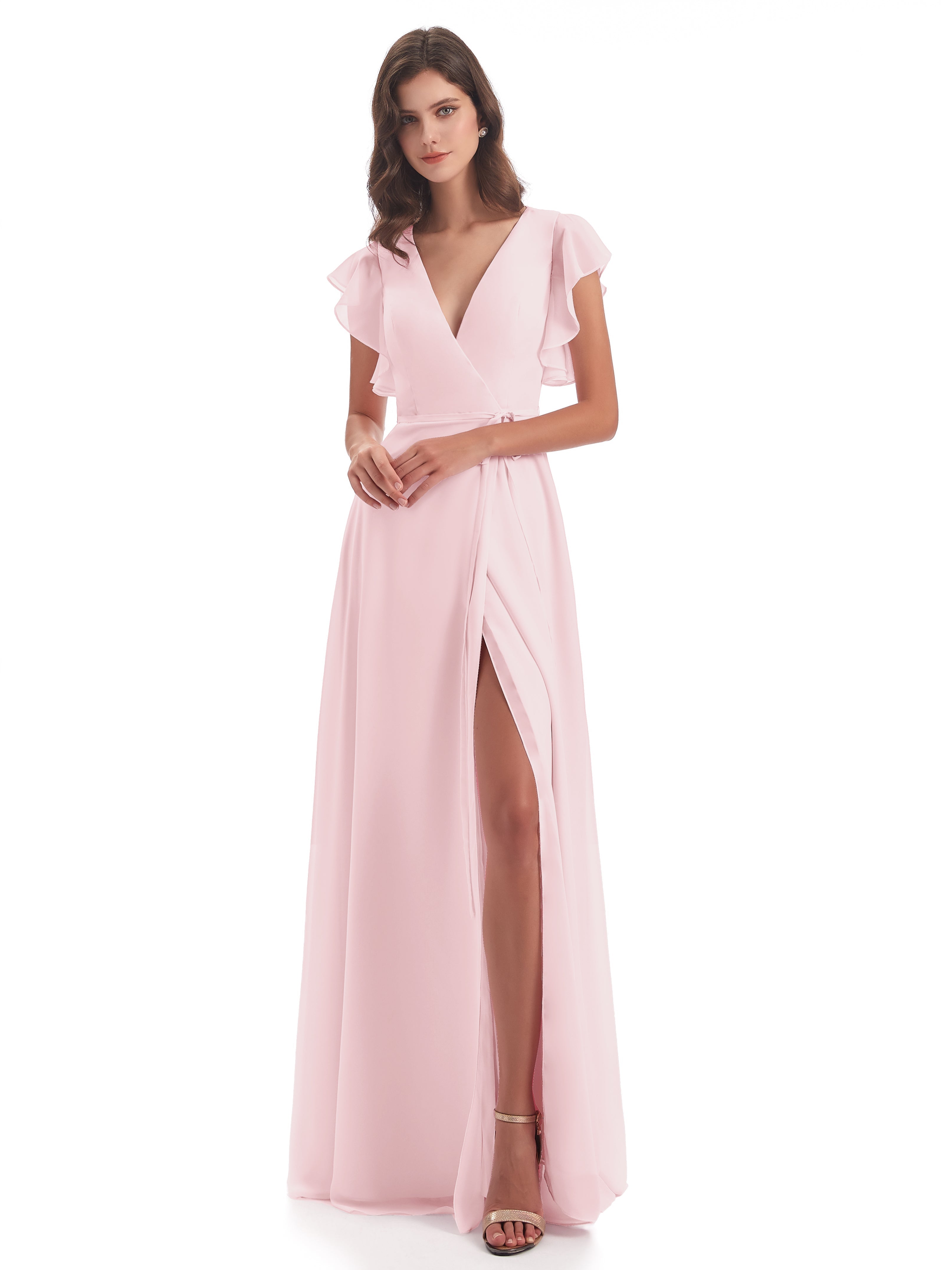 Robes De Demoiselle D'Honneur Rose Pale Fendue Devant Col V Robes Demoiselle D'Honneur