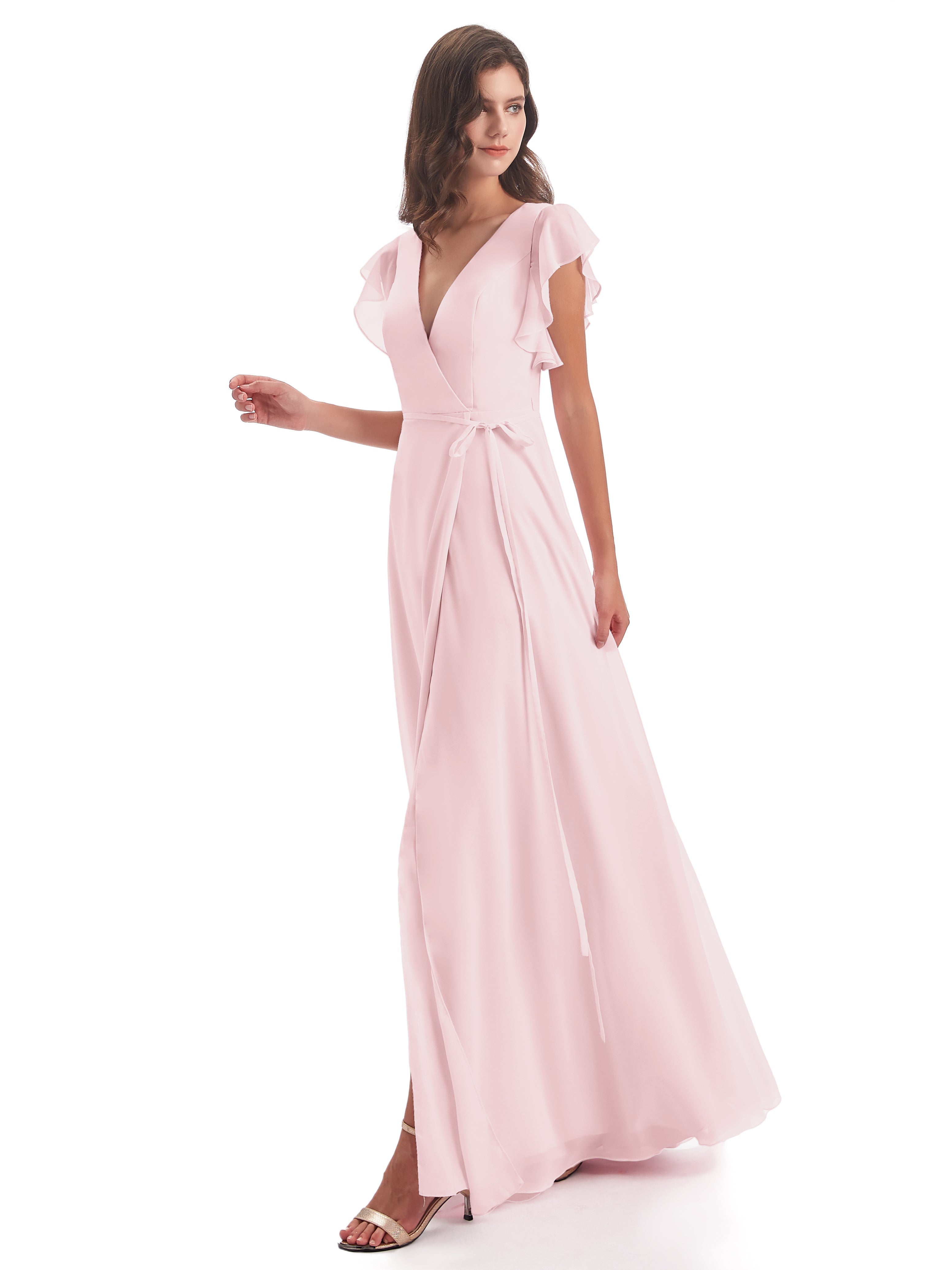 Robes De Demoiselle D'Honneur Rose Pale Fendue Devant Col V Robes Demoiselle D'Honneur