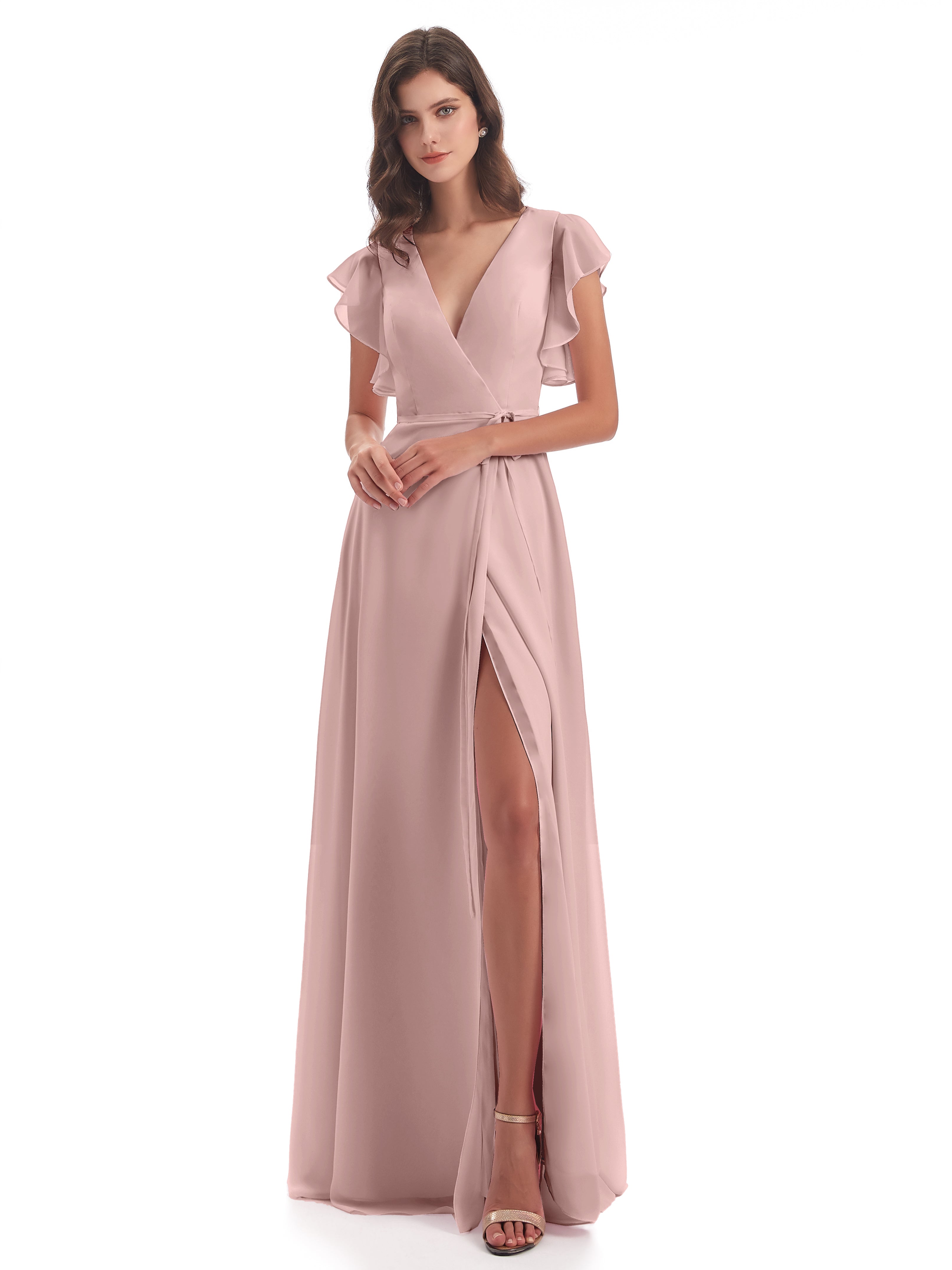 Robe Demoiselle D Honneur Rose Poudree Fendue Devant Col V Robes Demoiselle D'Honneur