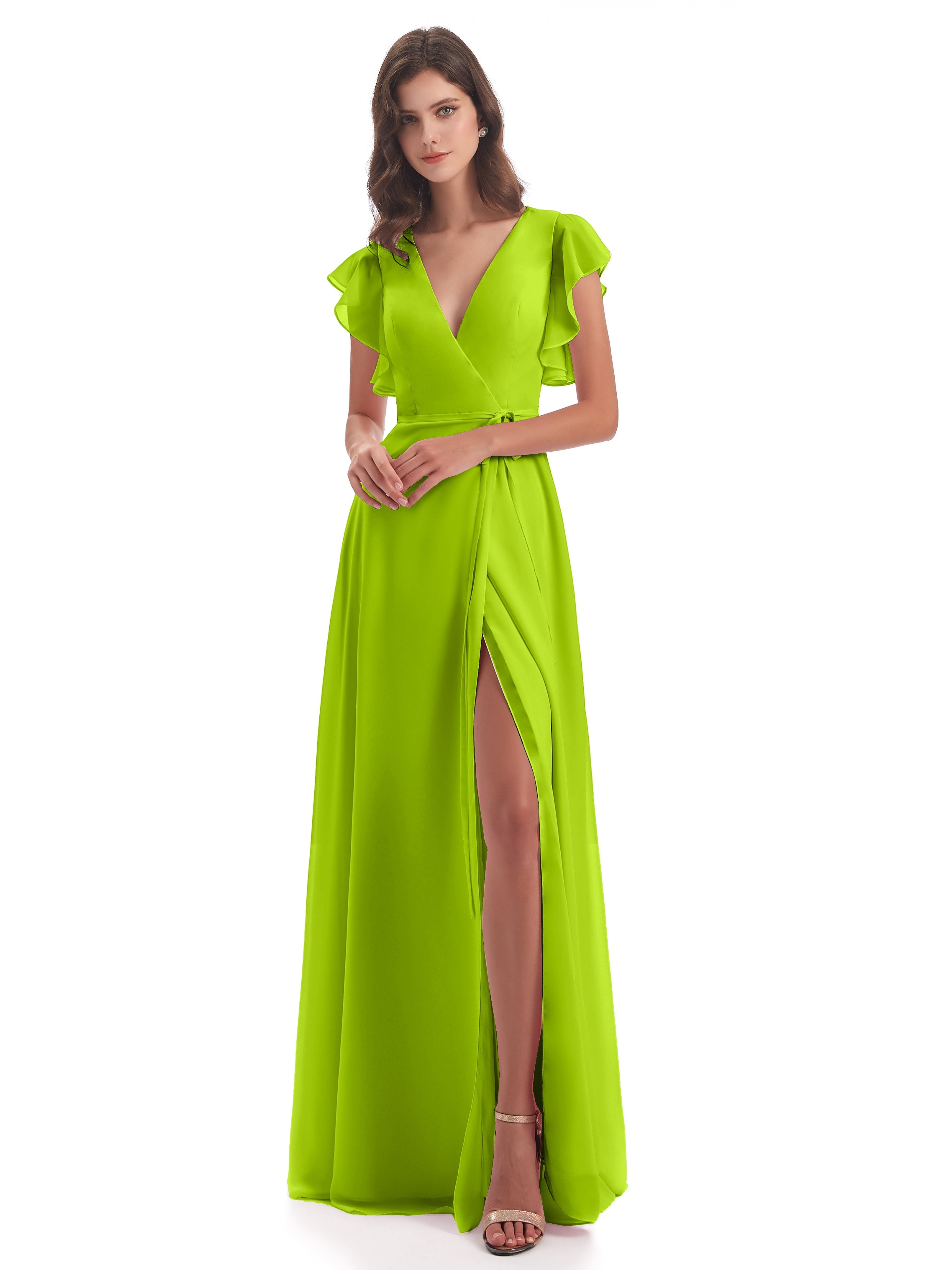 Robes De Demoiselle D'Honneur Vert Citron Fendue Devant Col V Robes Demoiselle D'Honneur