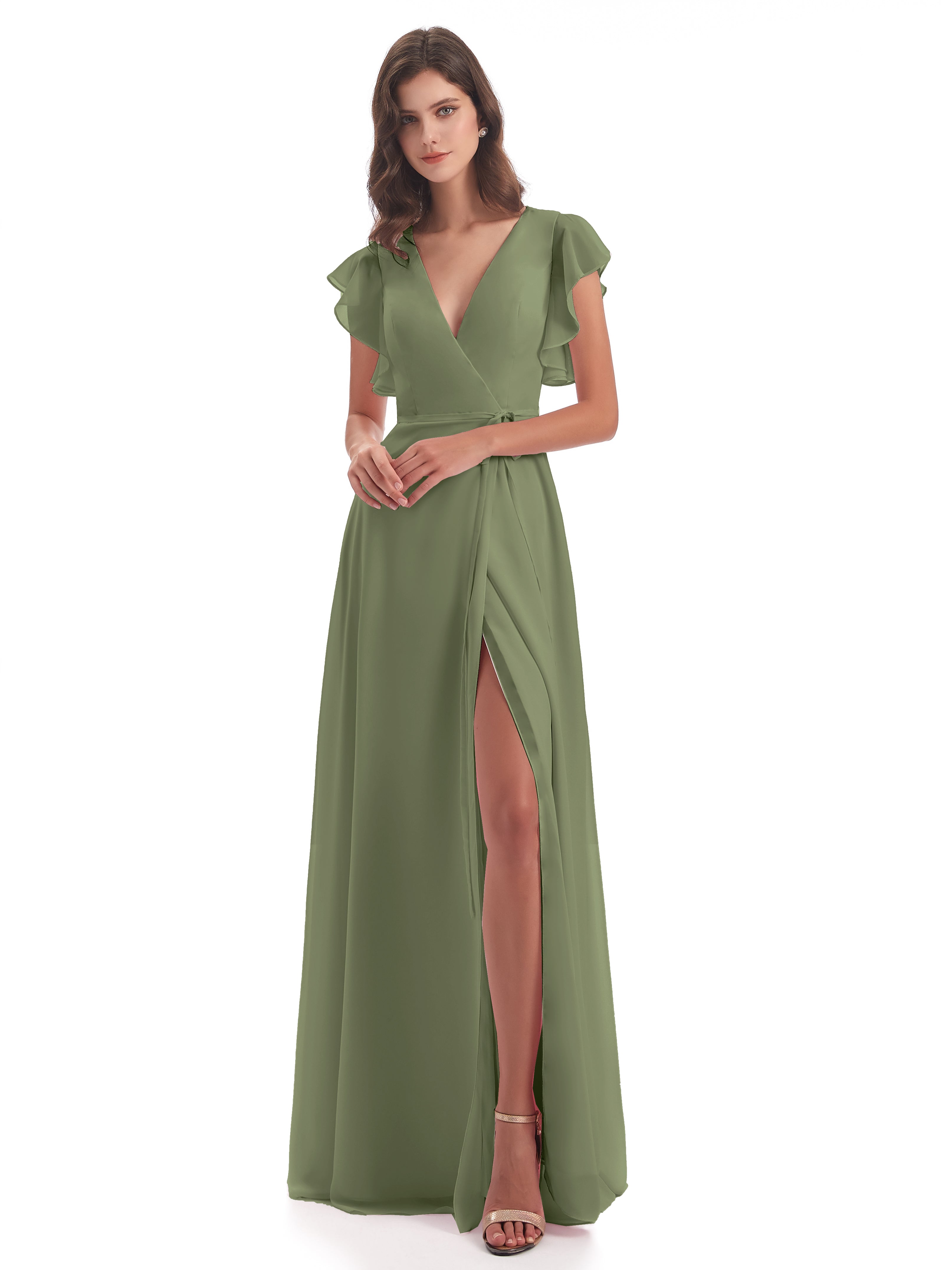 Robe Vert Olive Demoiselle D Honneur Fendue Devant Col V Robes Demoiselle D'Honneur