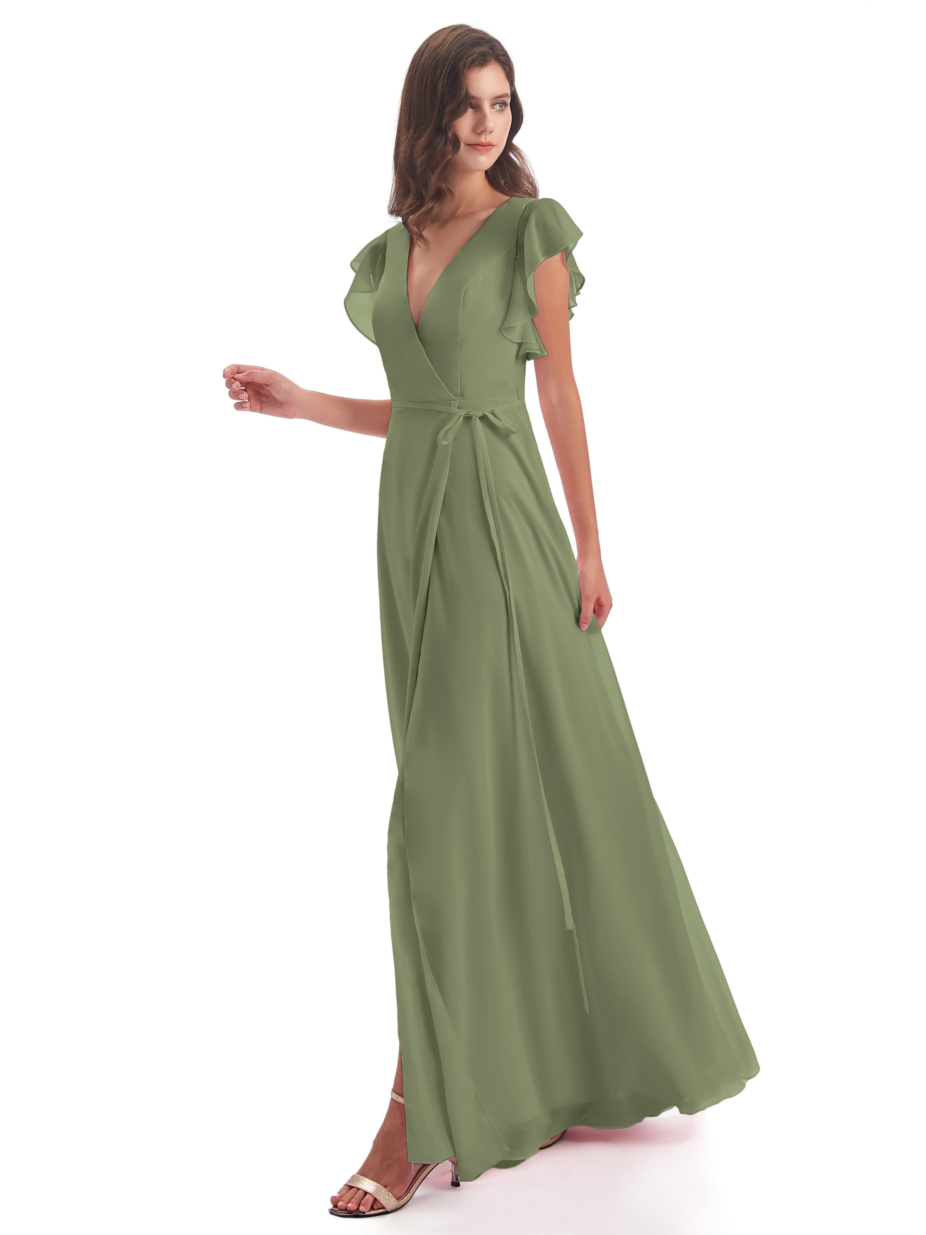 Robe Vert Olive Demoiselle D Honneur Fendue Devant Col V Robes Demoiselle D'Honneur