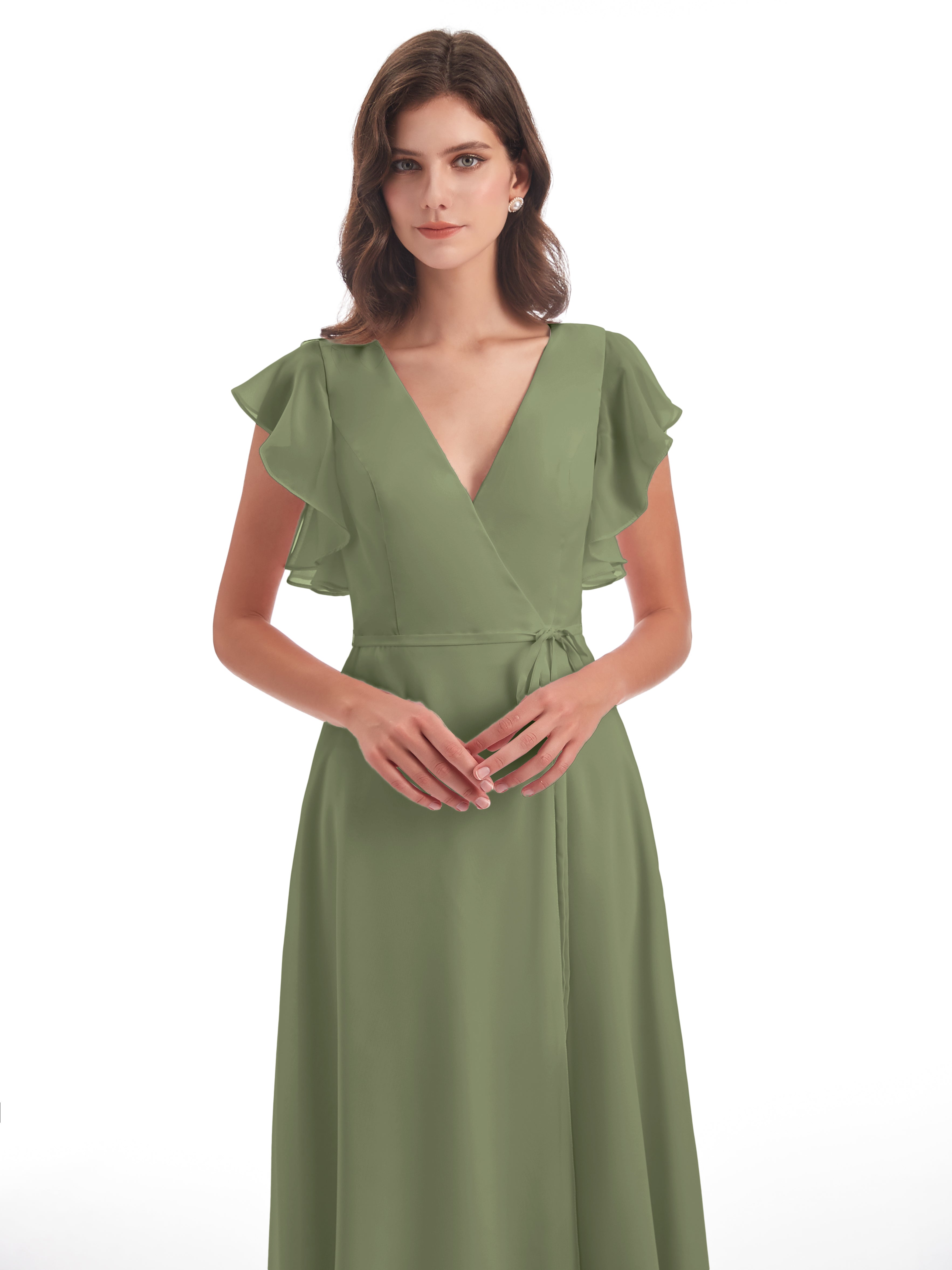 Robe Vert Olive Demoiselle D Honneur Fendue Devant Col V Robes Demoiselle D'Honneur