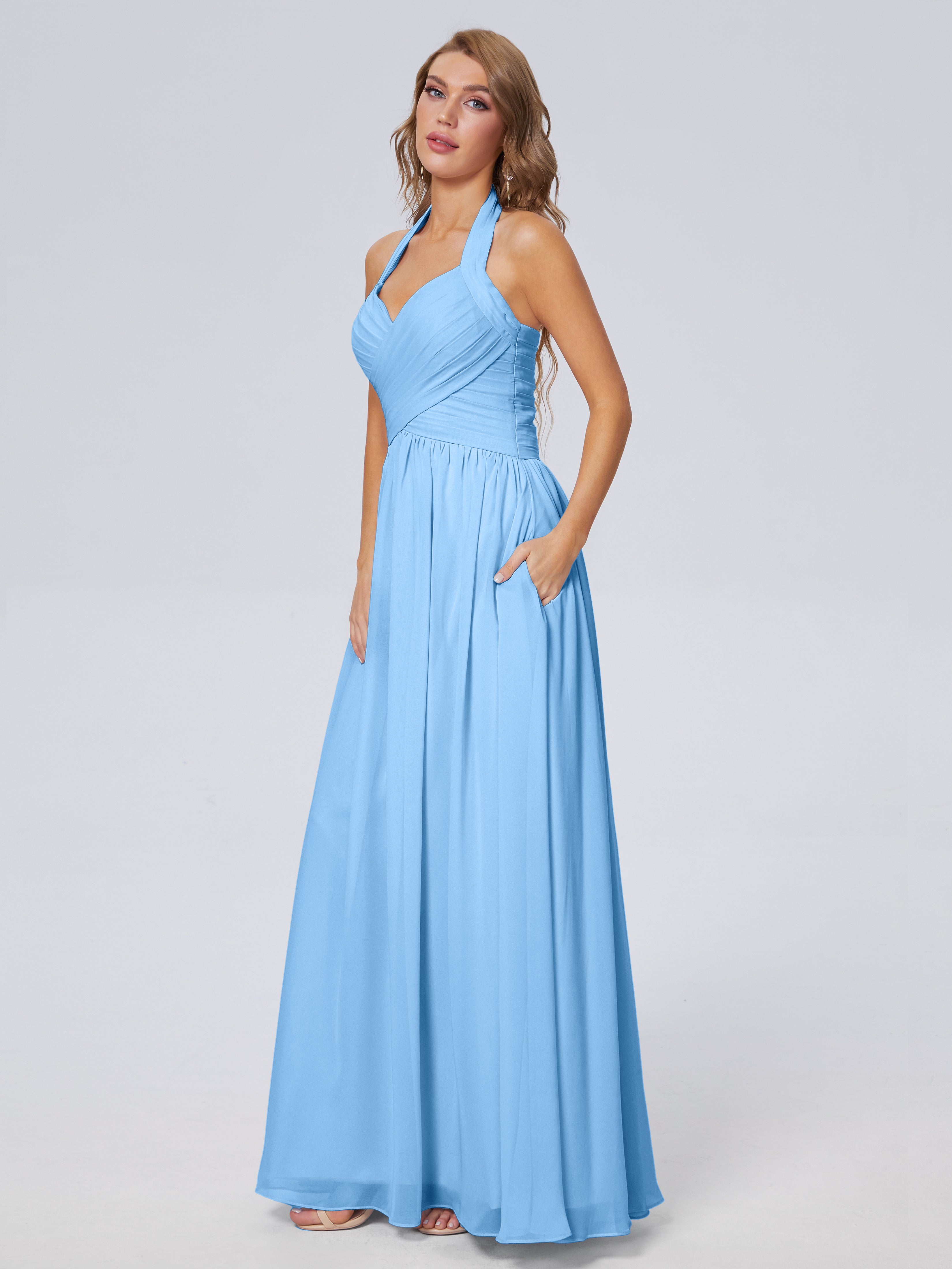 Robes De Demoiselle D'Honneur Bleu Bébé Superbe Licou Mousseline Robes Demoiselle D'Honneur