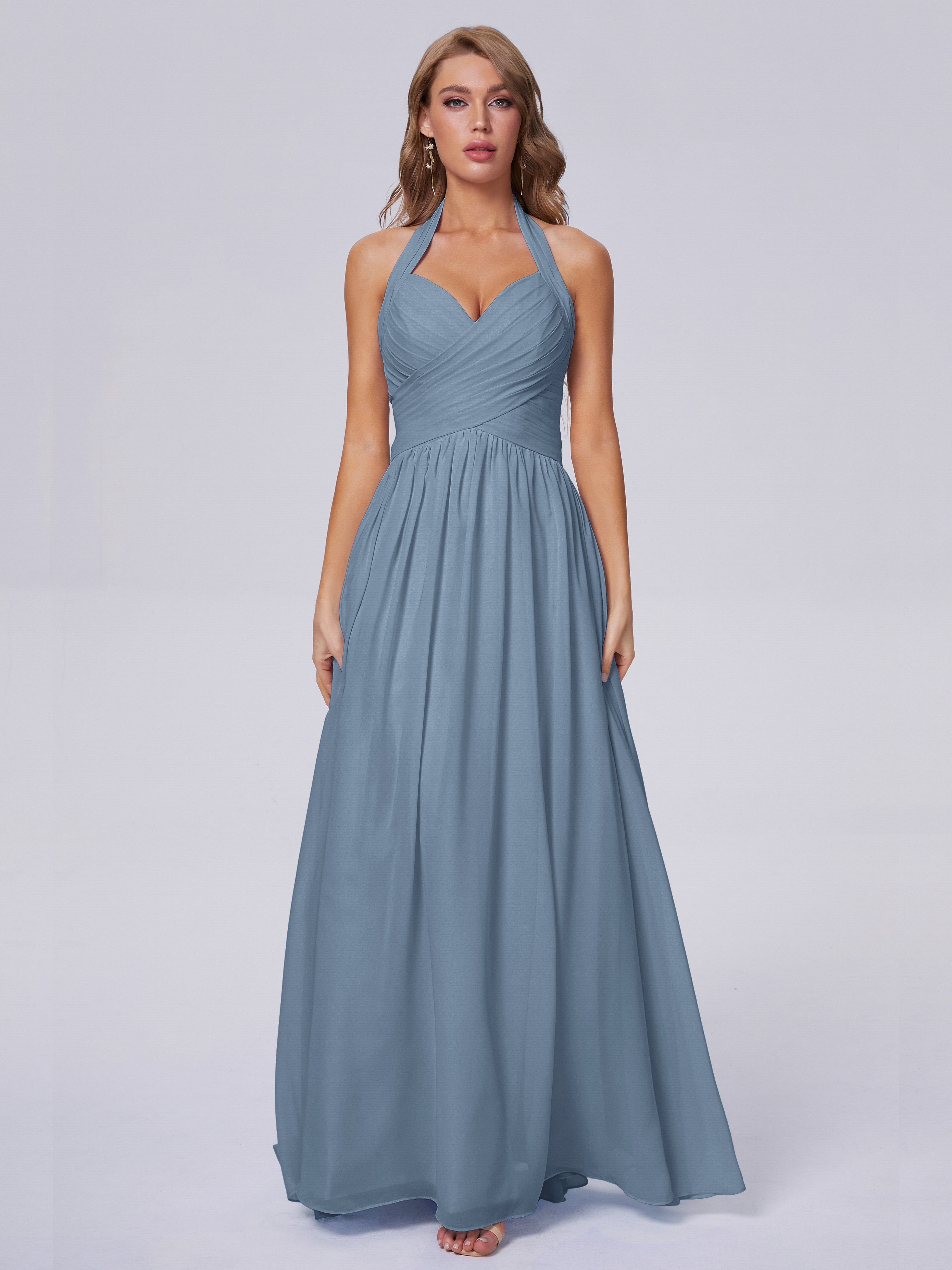 Robes De Demoiselle D'Honneur Bleu De Schiste Superbe Licou Mousseline Robes Demoiselle D'Honneur