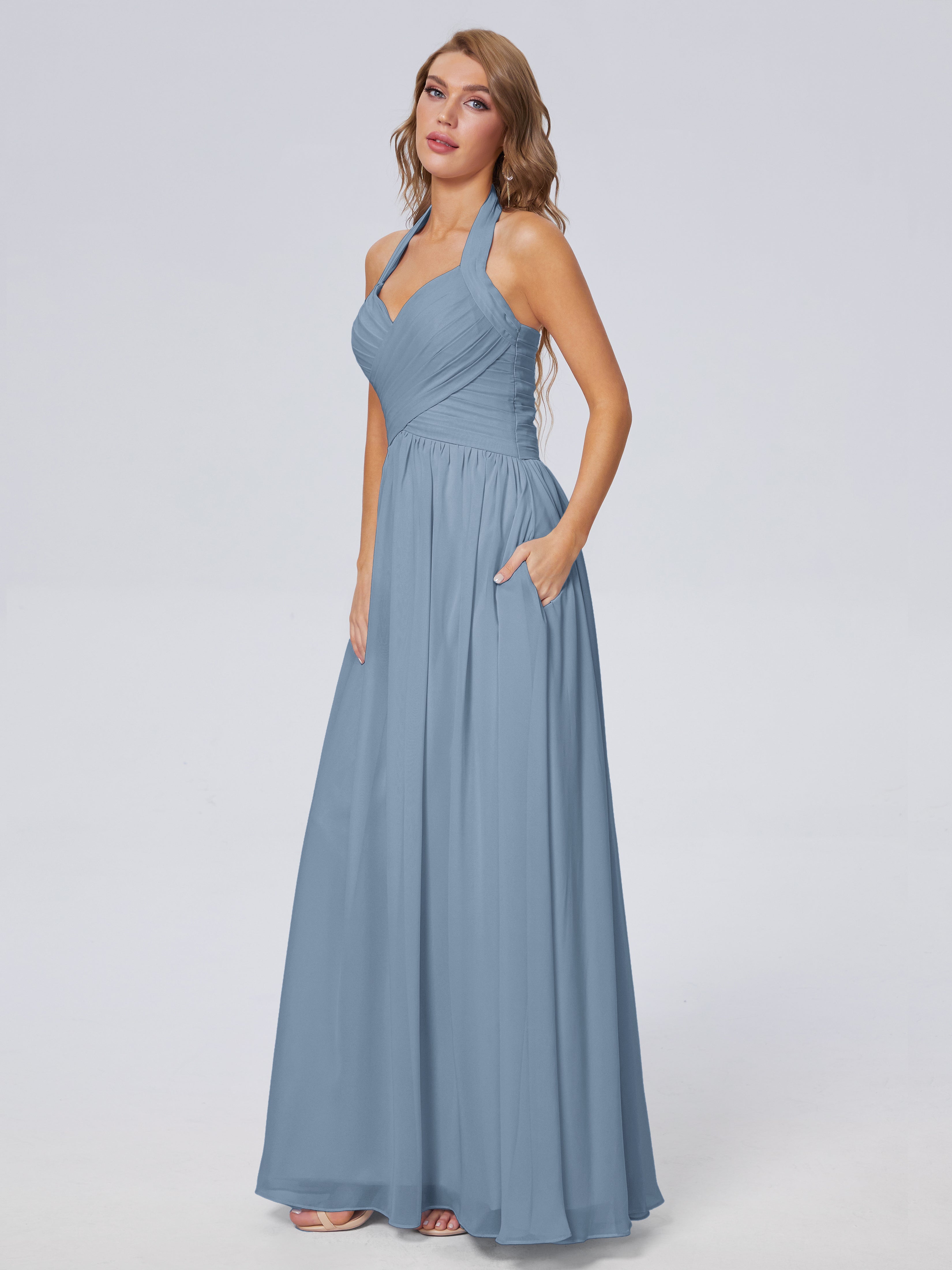 Robes De Demoiselle D'Honneur Bleu De Schiste Superbe Licou Mousseline Robes Demoiselle D'Honneur