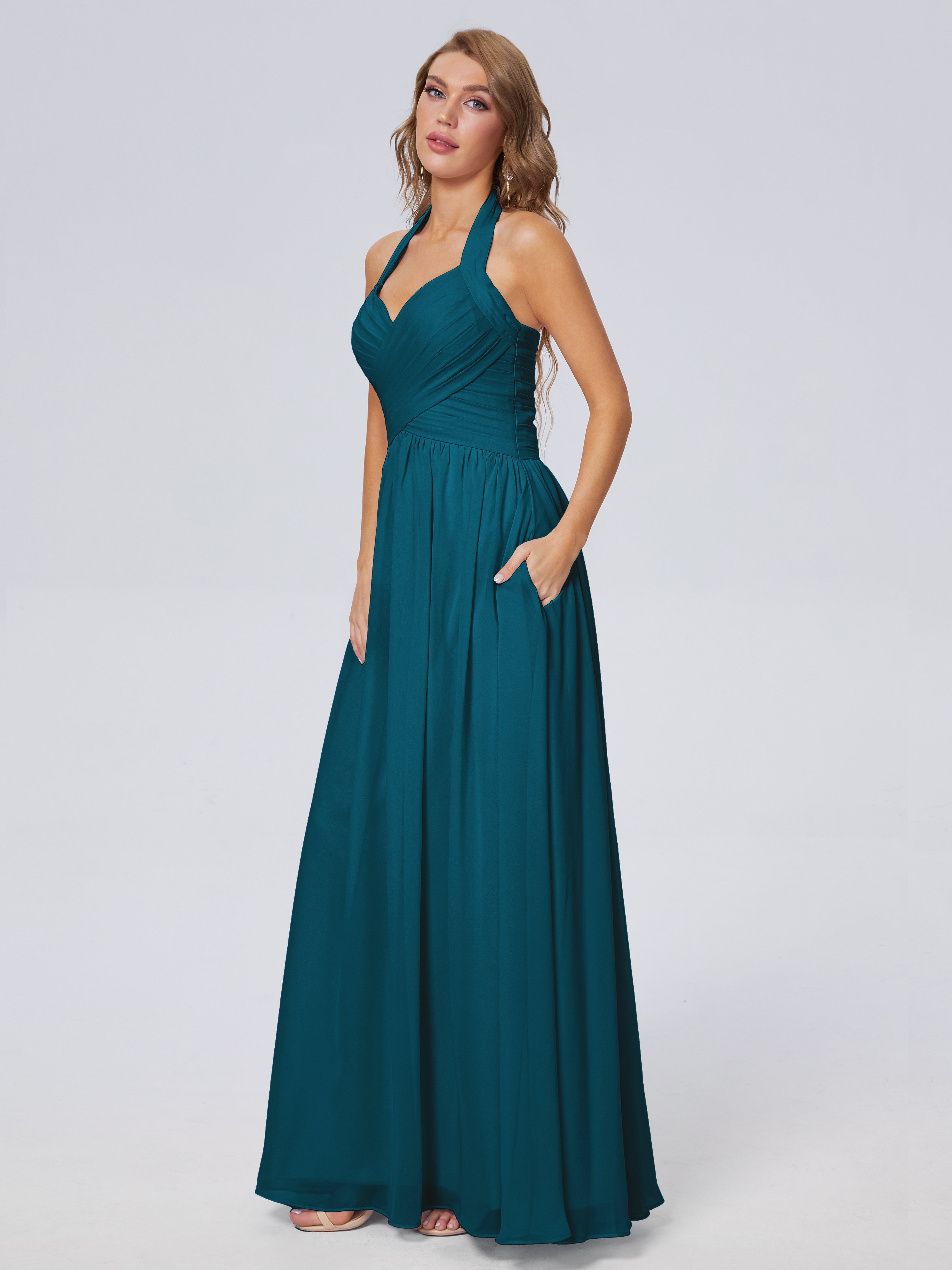 Robes De Demoiselle D'Honneur Bleu Encre Superbe Licou Mousseline Robes Demoiselle D'Honneur