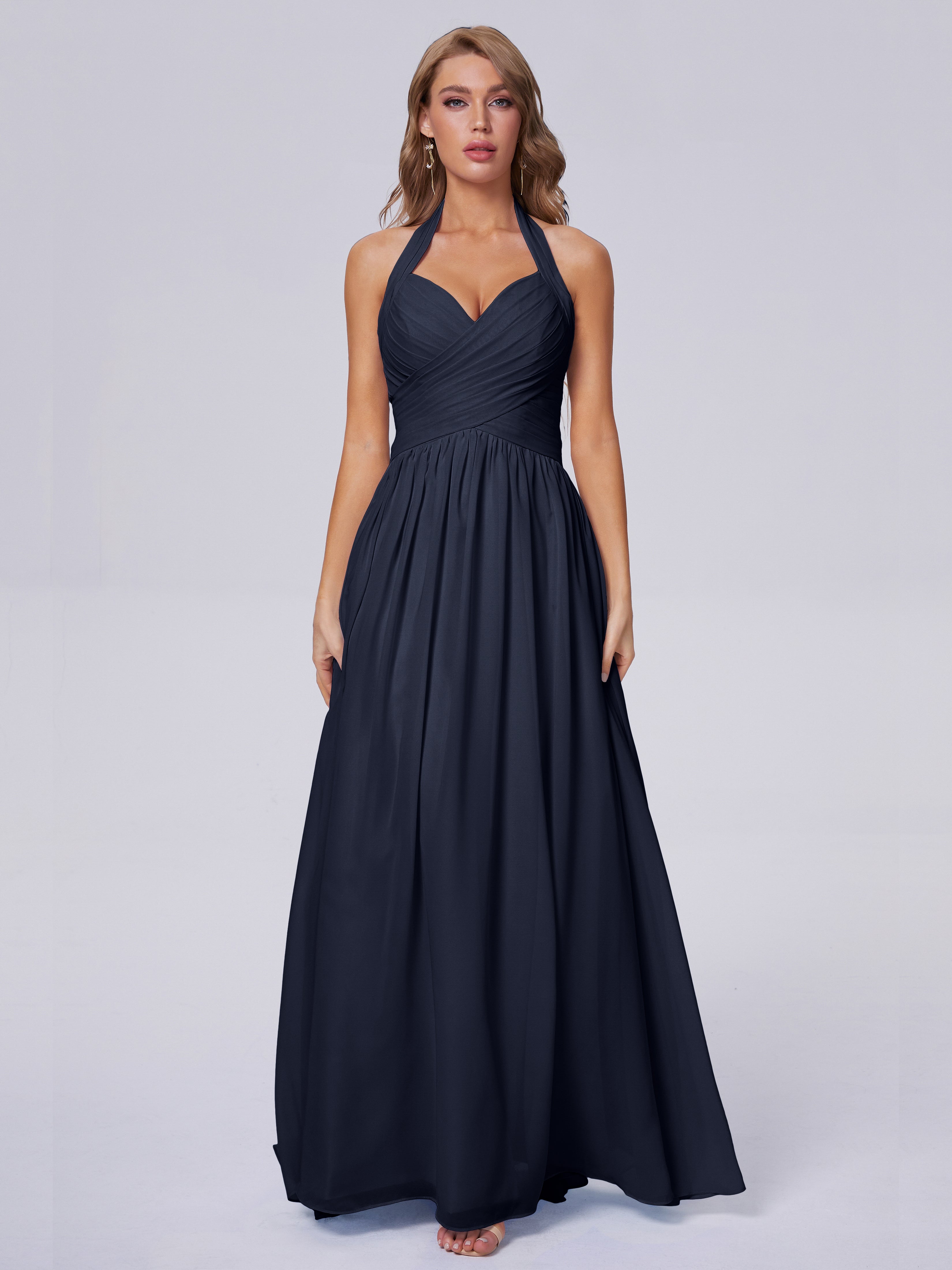 Robes De Demoiselle D'Honneur Bleu Marine Foncé Superbe Licou Mousseline Robes Demoiselle D'Honneur