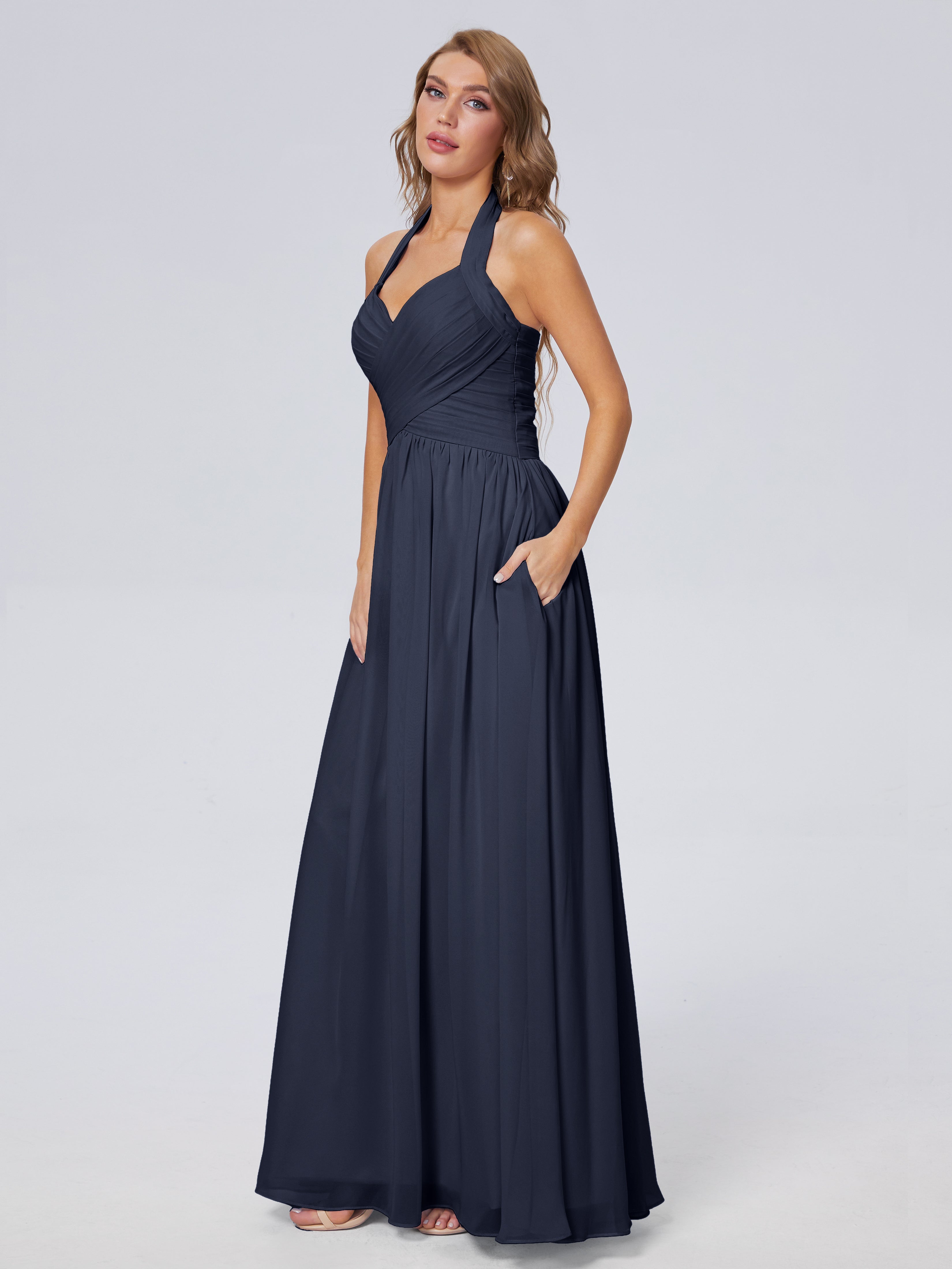 Robes De Demoiselle D'Honneur Bleu Marine Foncé Superbe Licou Mousseline Robes Demoiselle D'Honneur