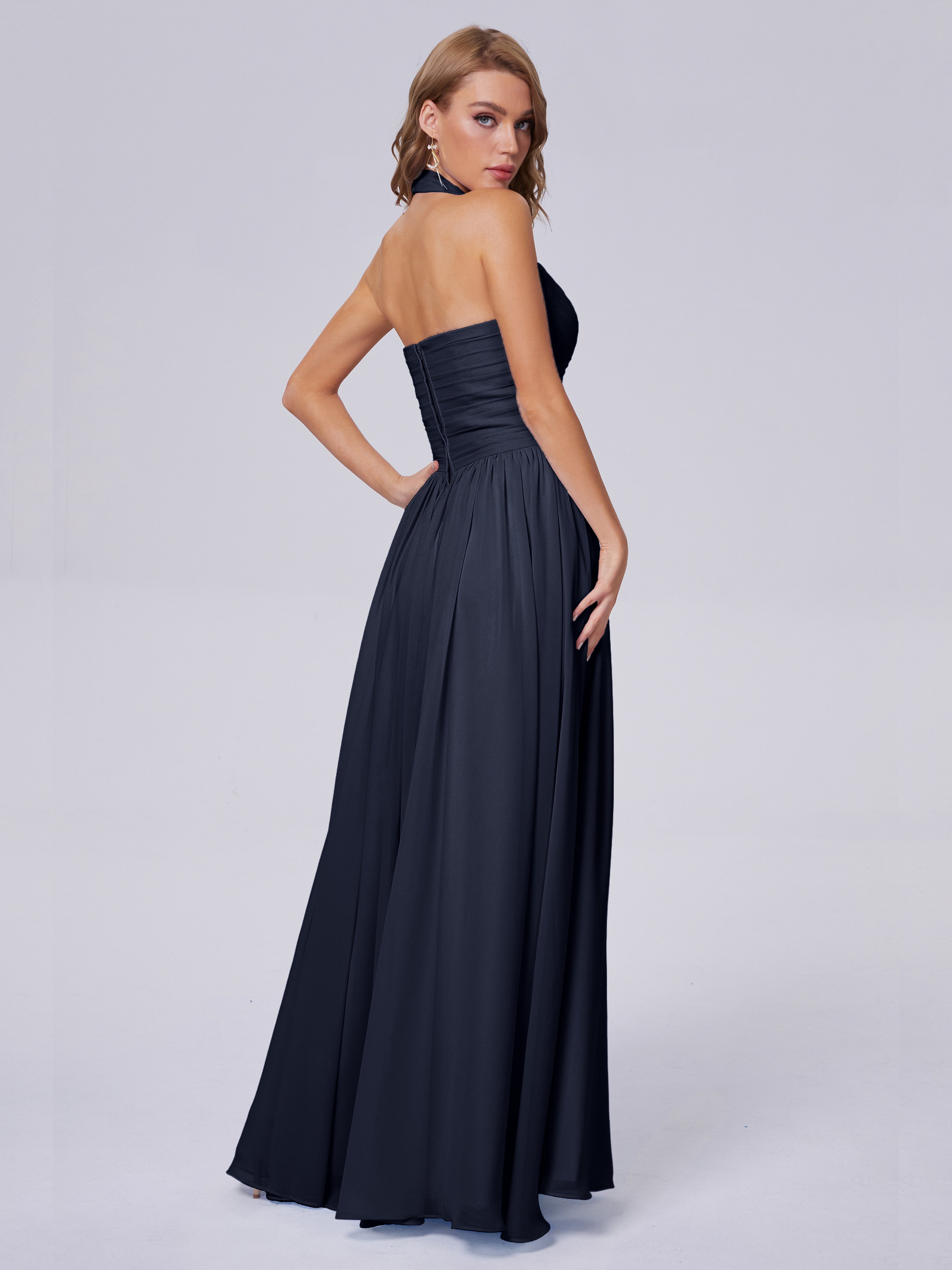Robes De Demoiselle D'Honneur Bleu Marine Foncé Superbe Licou Mousseline Robes Demoiselle D'Honneur