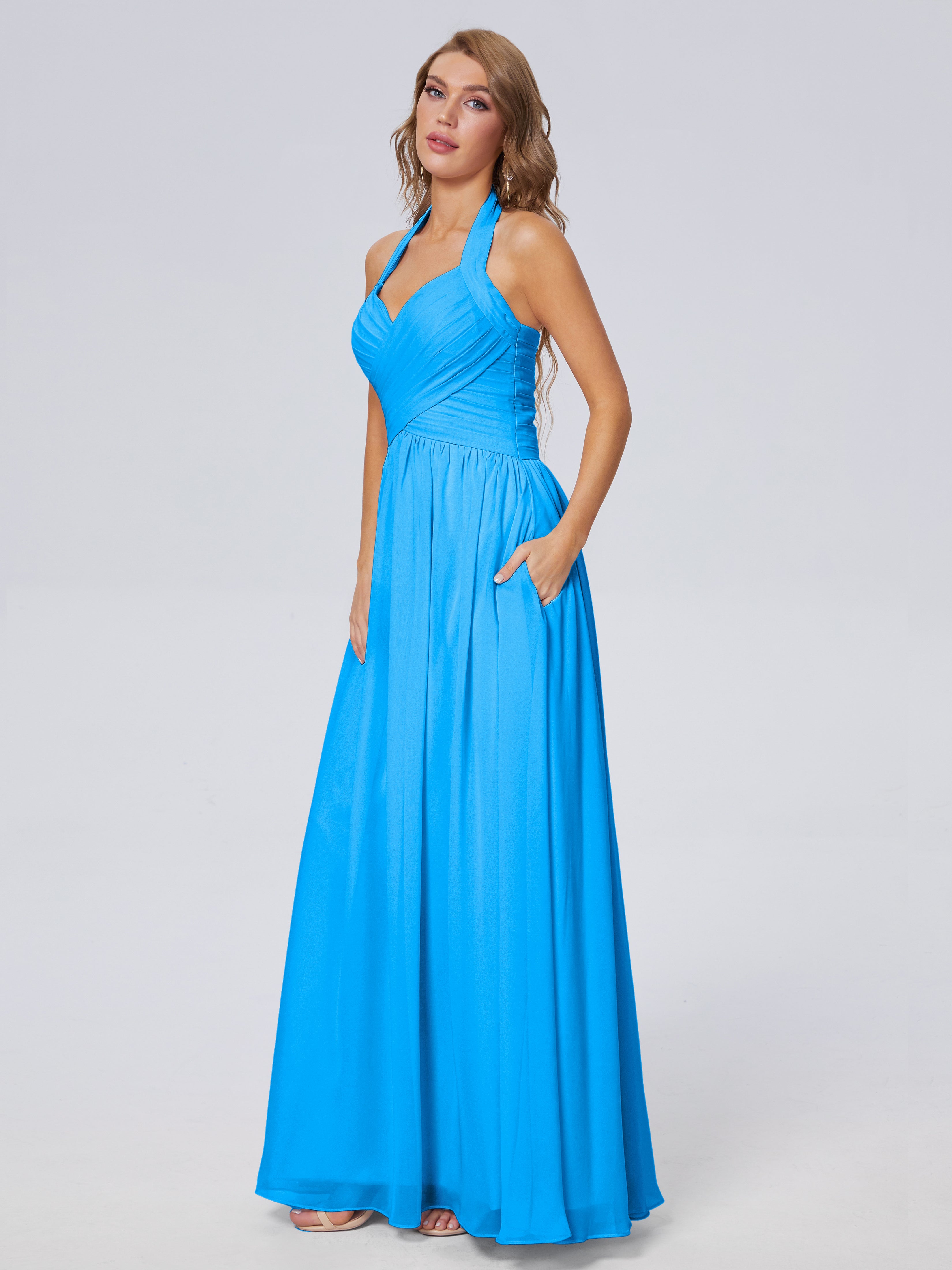 Robes De Demoiselle D'Honneur Bleu Océan Superbe Licou Mousseline Robes Demoiselle D'Honneur