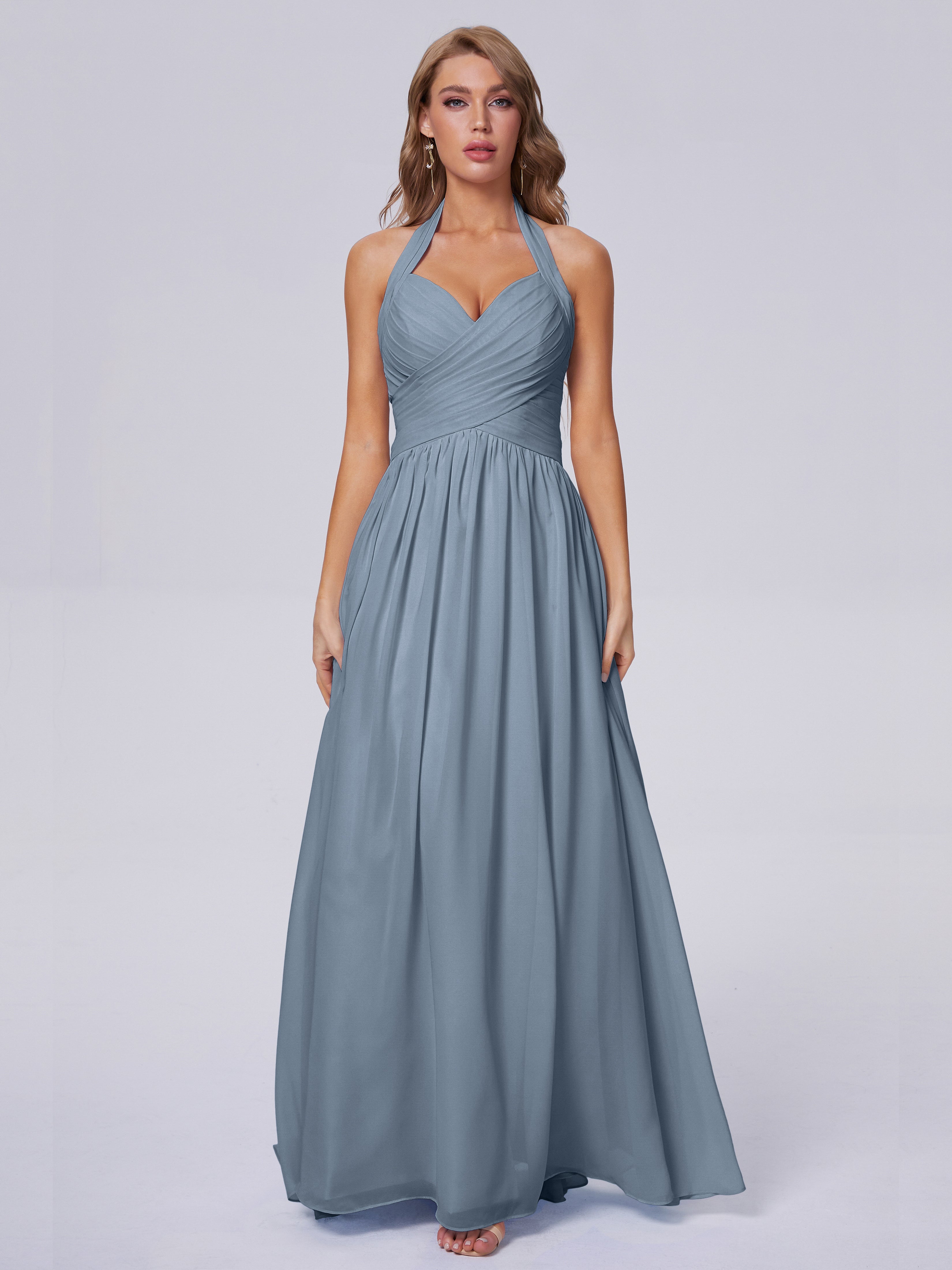 Robe Demoiselle D Honneur Bleu Poussiereux Superbe Licou Mousseline Robes Demoiselle D'Honneur