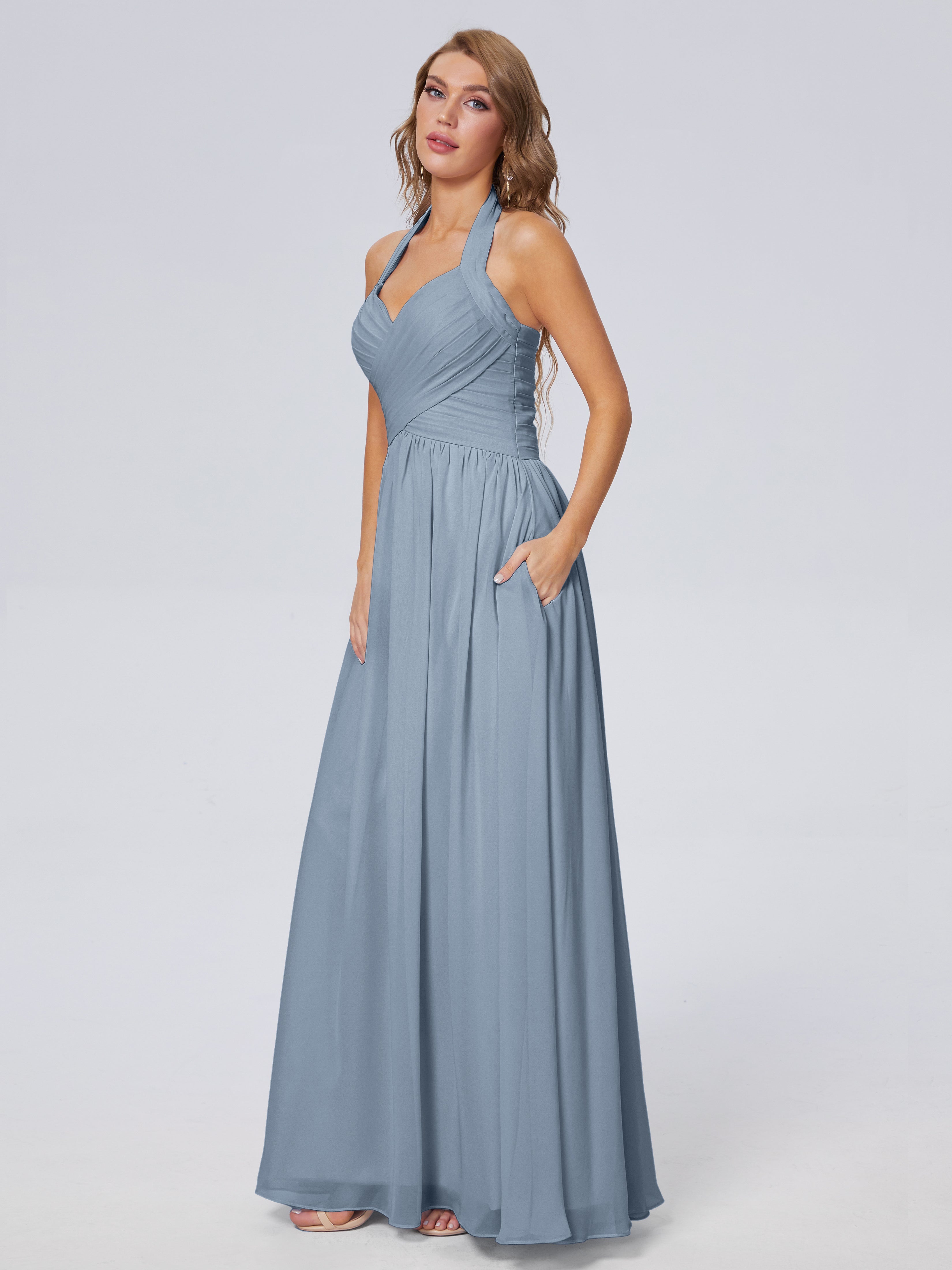 Robe Demoiselle D Honneur Bleu Poussiereux Superbe Licou Mousseline Robes Demoiselle D'Honneur