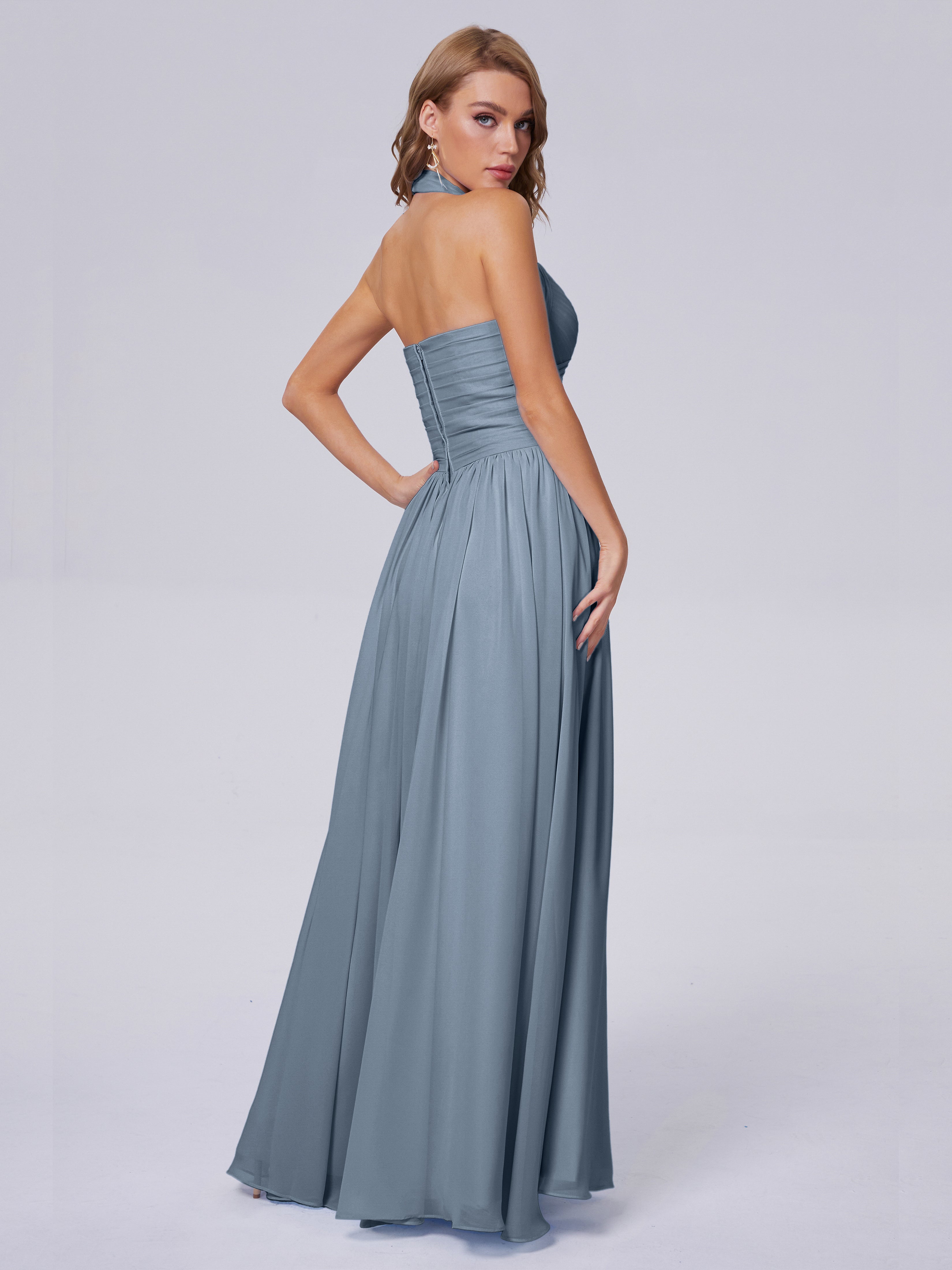 Robe Demoiselle D Honneur Bleu Poussiereux Superbe Licou Mousseline Robes Demoiselle D'Honneur