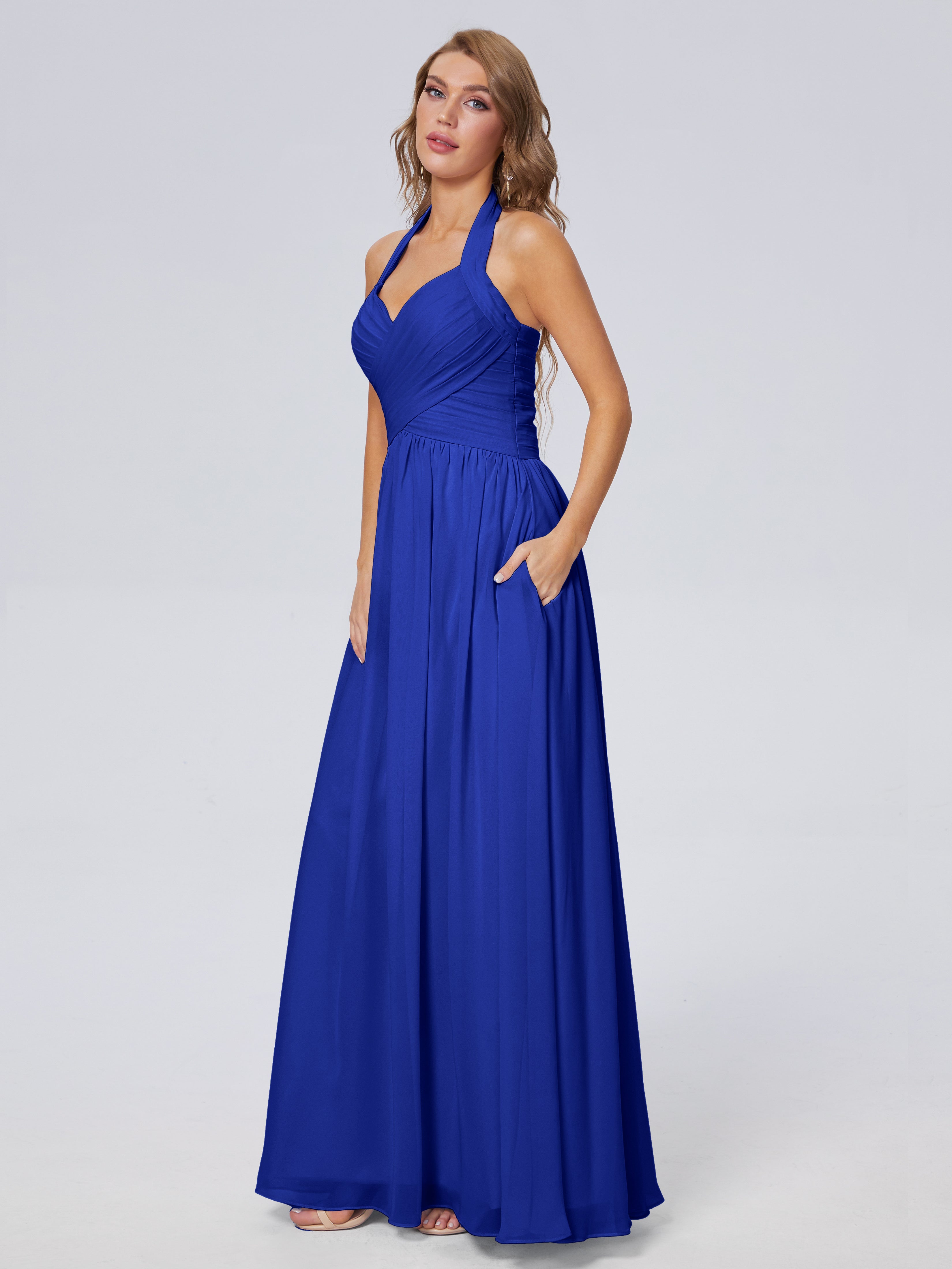 Robes De Demoiselle D'Honneur Bleu Royal Longues Superbe Licou Mousseline Robes Demoiselle D'Honneur