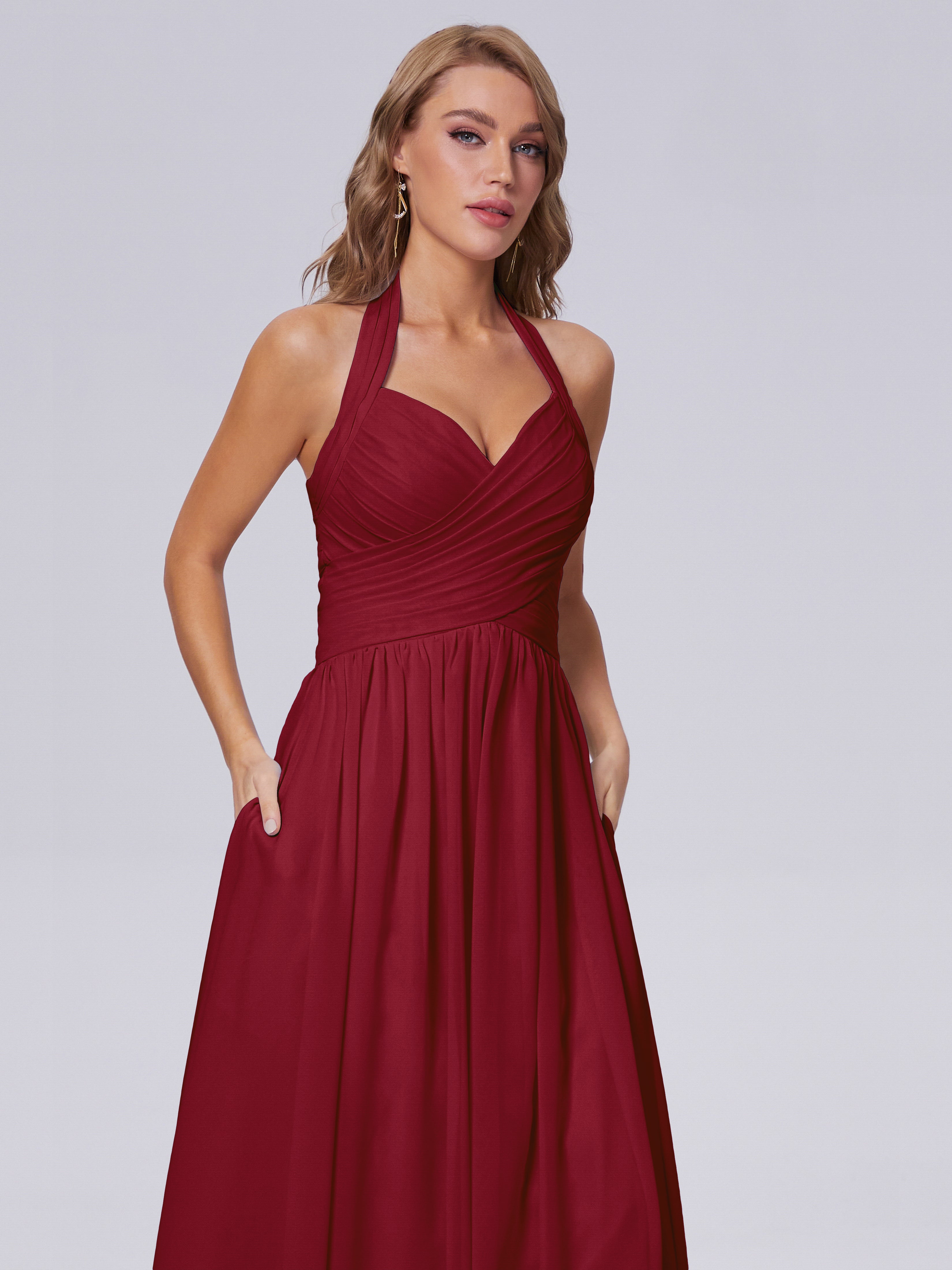 Robes De Demoiselle D'Honneur Couleur Bordeaux Superbe Licou Mousseline Robes Demoiselle D'Honneur