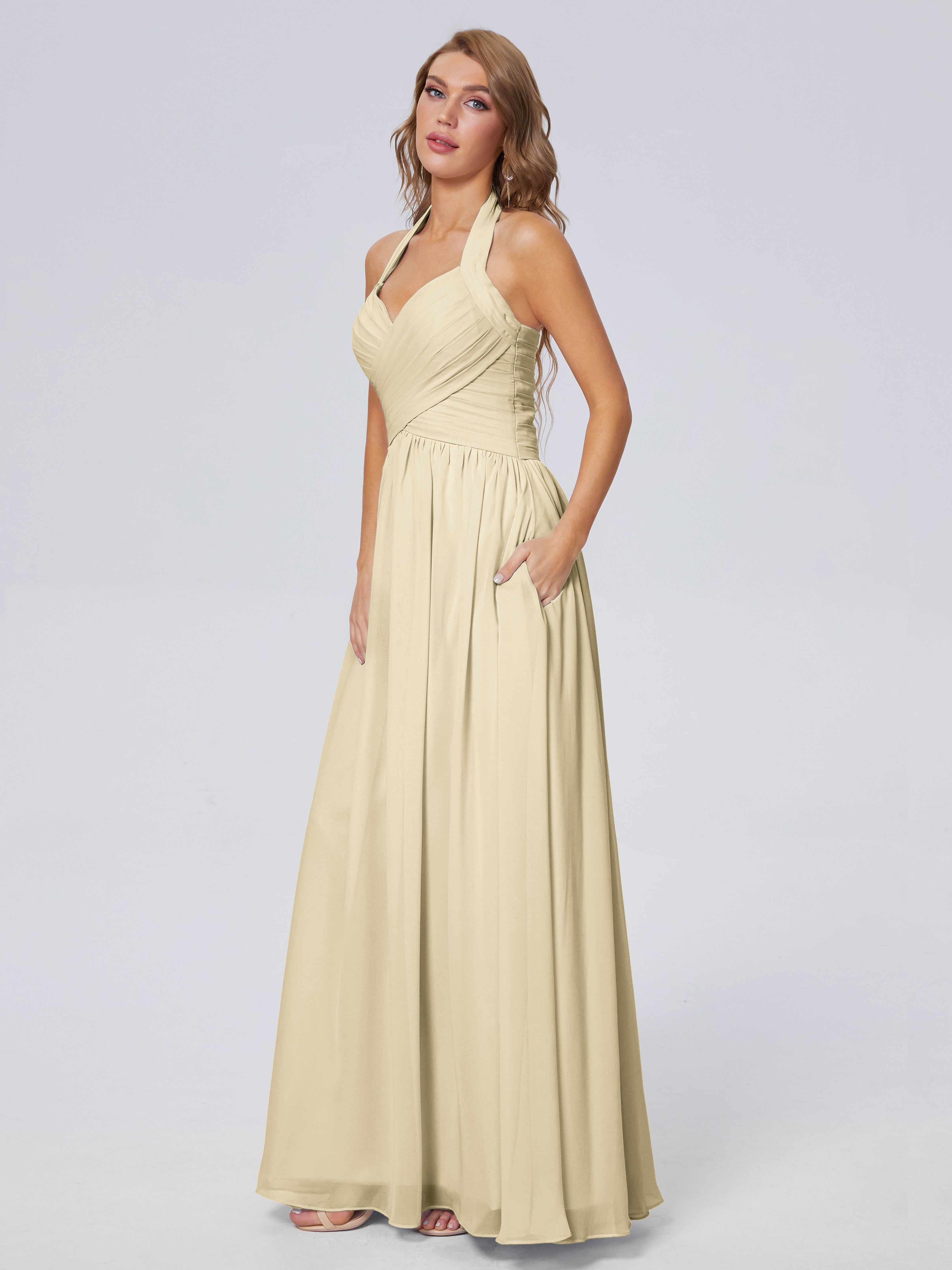 Robes De Demoiselle D'Honneur Champagne Longues Superbe Licou Mousseline Robes Demoiselle D'Honneur