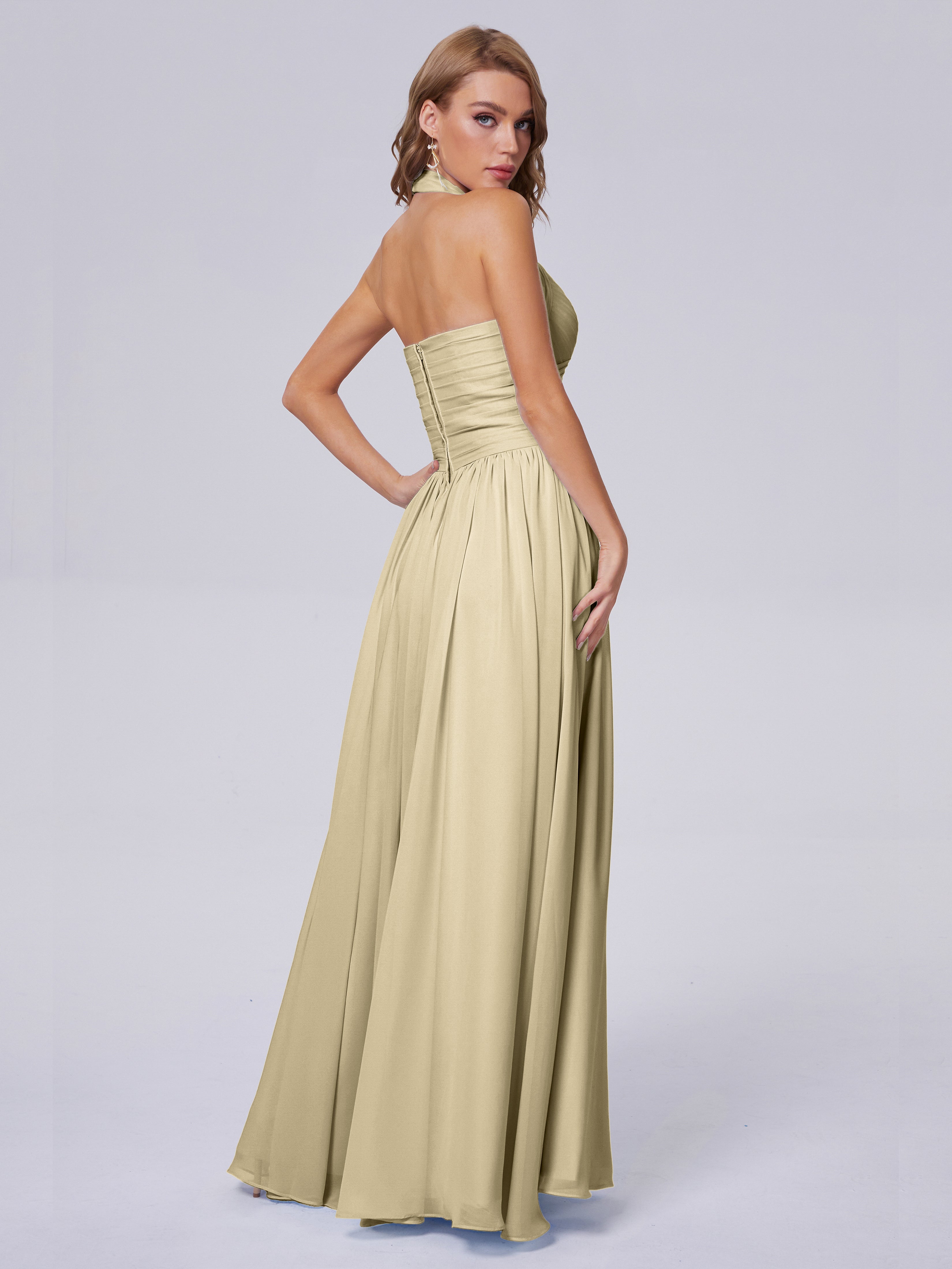 Robes De Demoiselle D'Honneur Champagne Longues Superbe Licou Mousseline Robes Demoiselle D'Honneur
