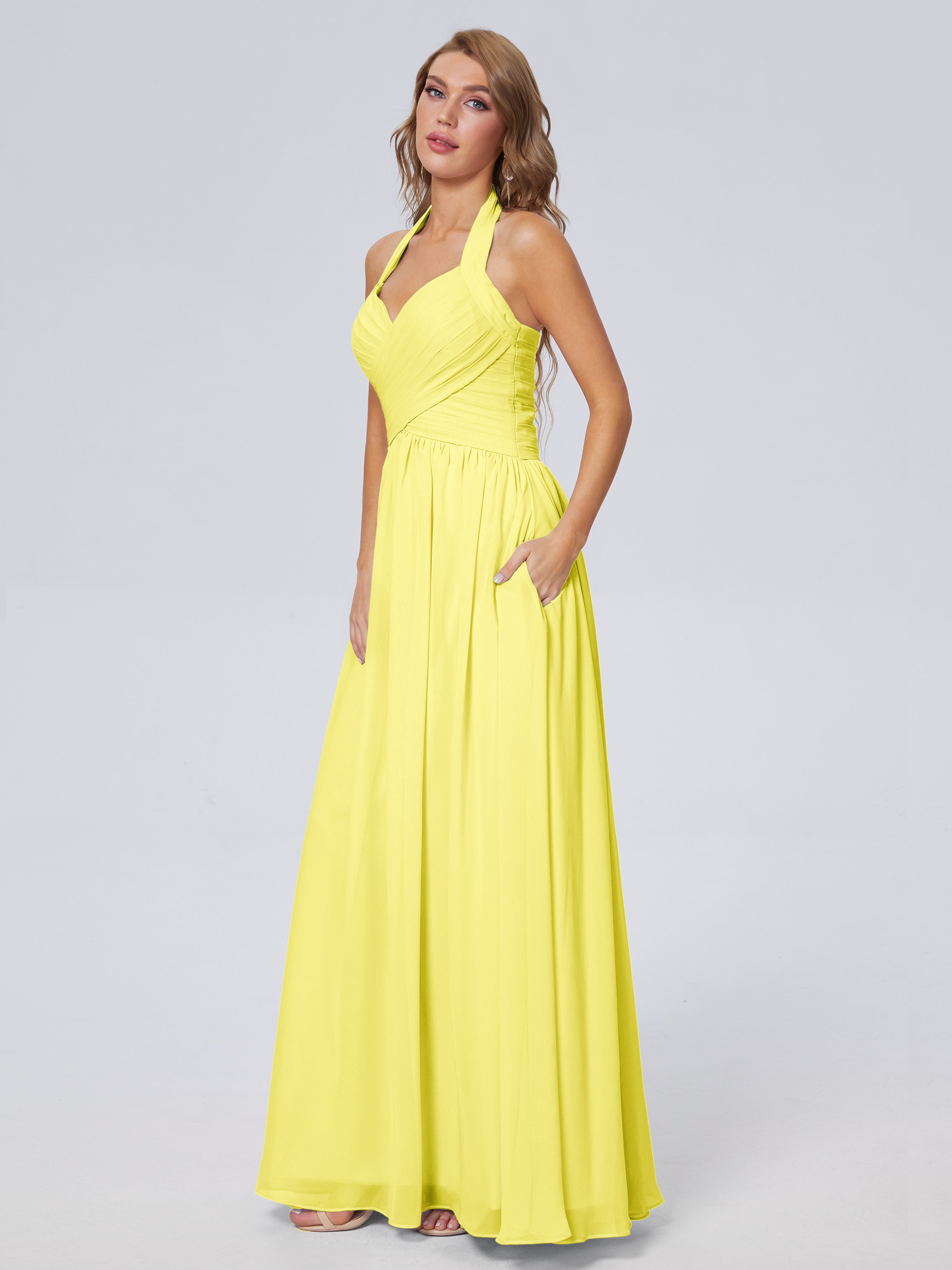 Robes De Demoiselle D'Honneur Citron Superbe Licou Mousseline Robes Demoiselle D'Honneur