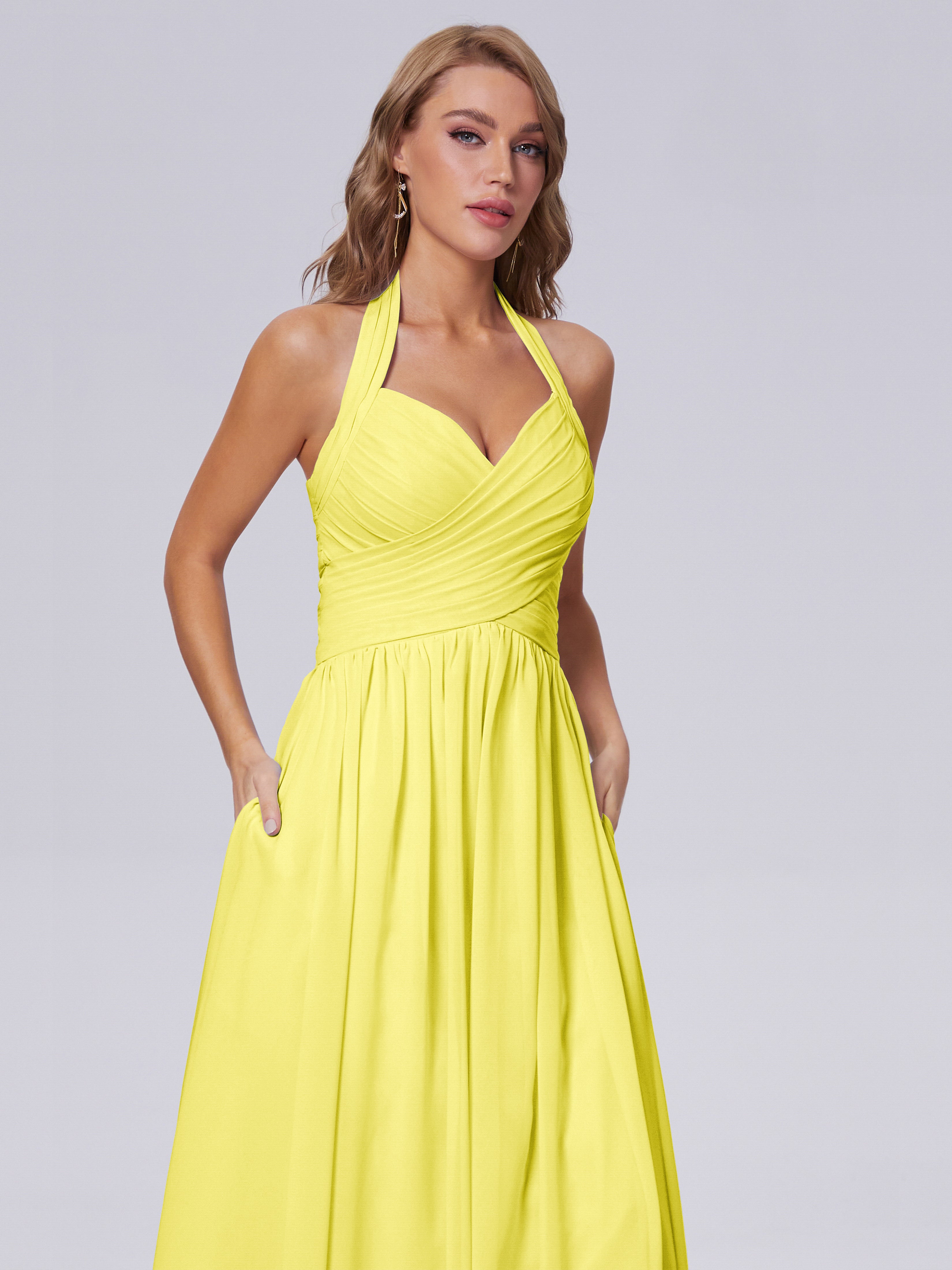 Robes De Demoiselle D'Honneur Citron Superbe Licou Mousseline Robes Demoiselle D'Honneur