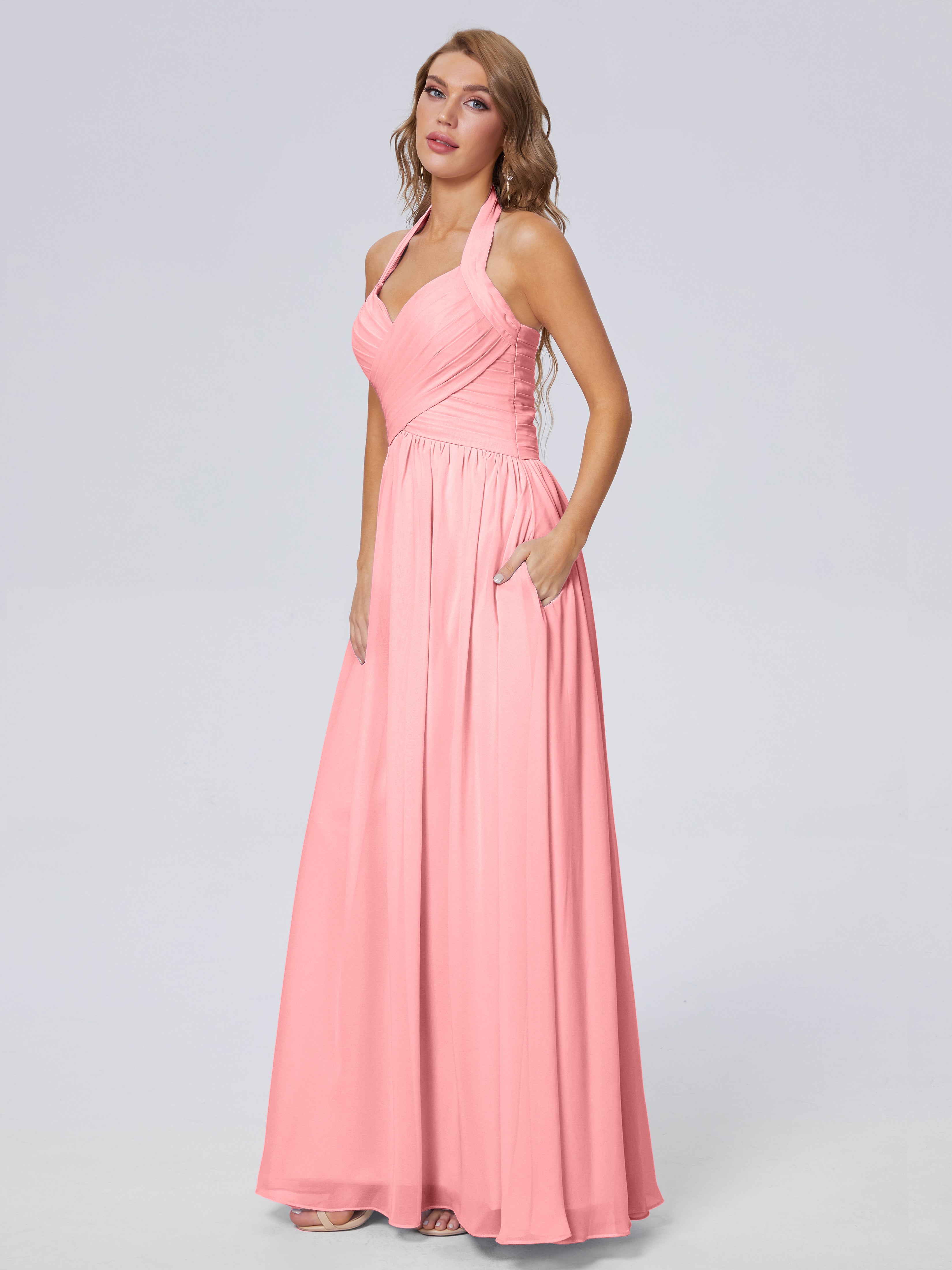 Robes De Demoiselle D'Honneur Flamant Superbe Licou Mousseline Robes Demoiselle D'Honneur