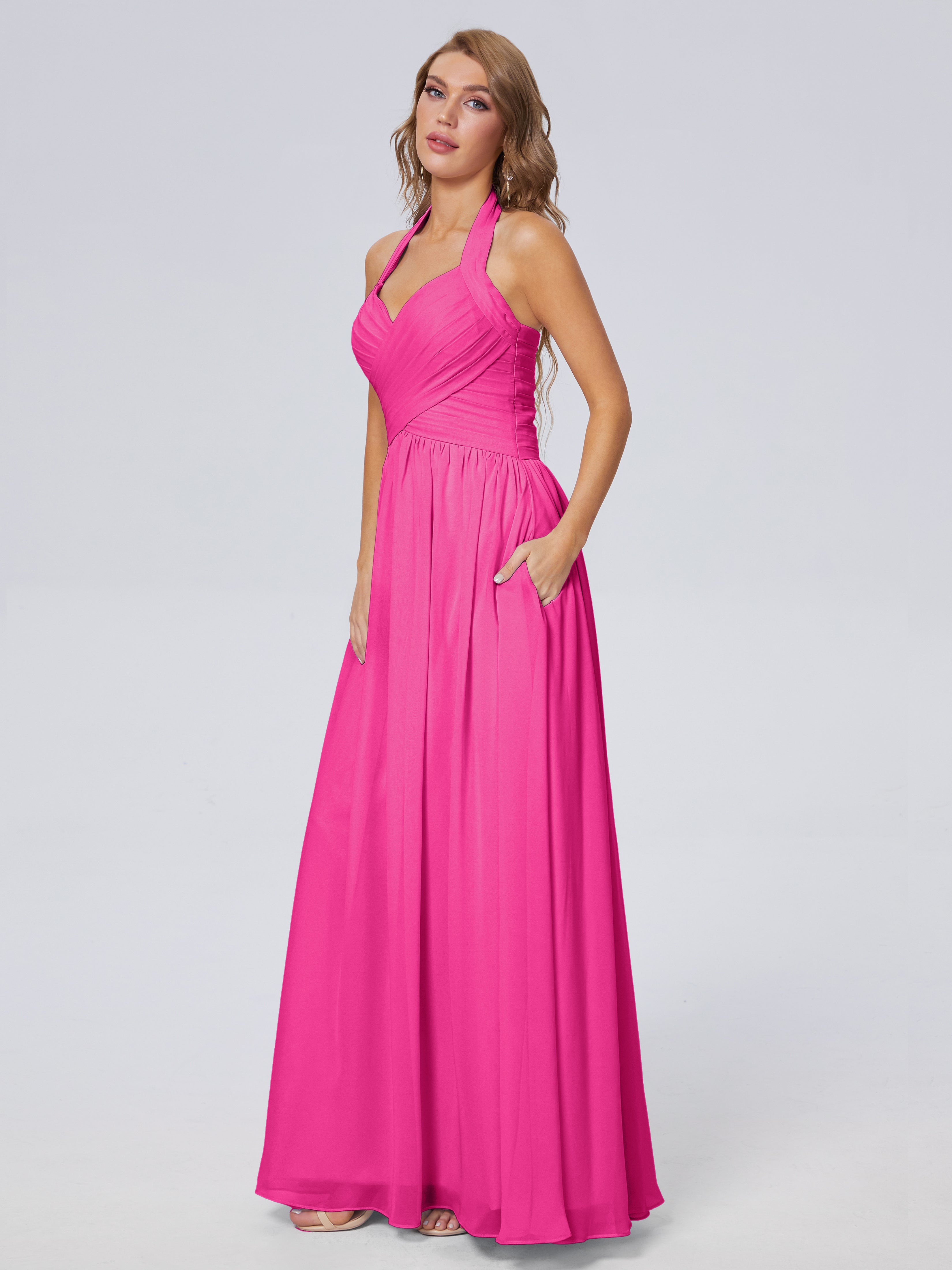 Robes De Demoiselle D'Honneur Couleur Fuchsia Rose Superbe Licou Mousseline Robes Demoiselle D'Honneur