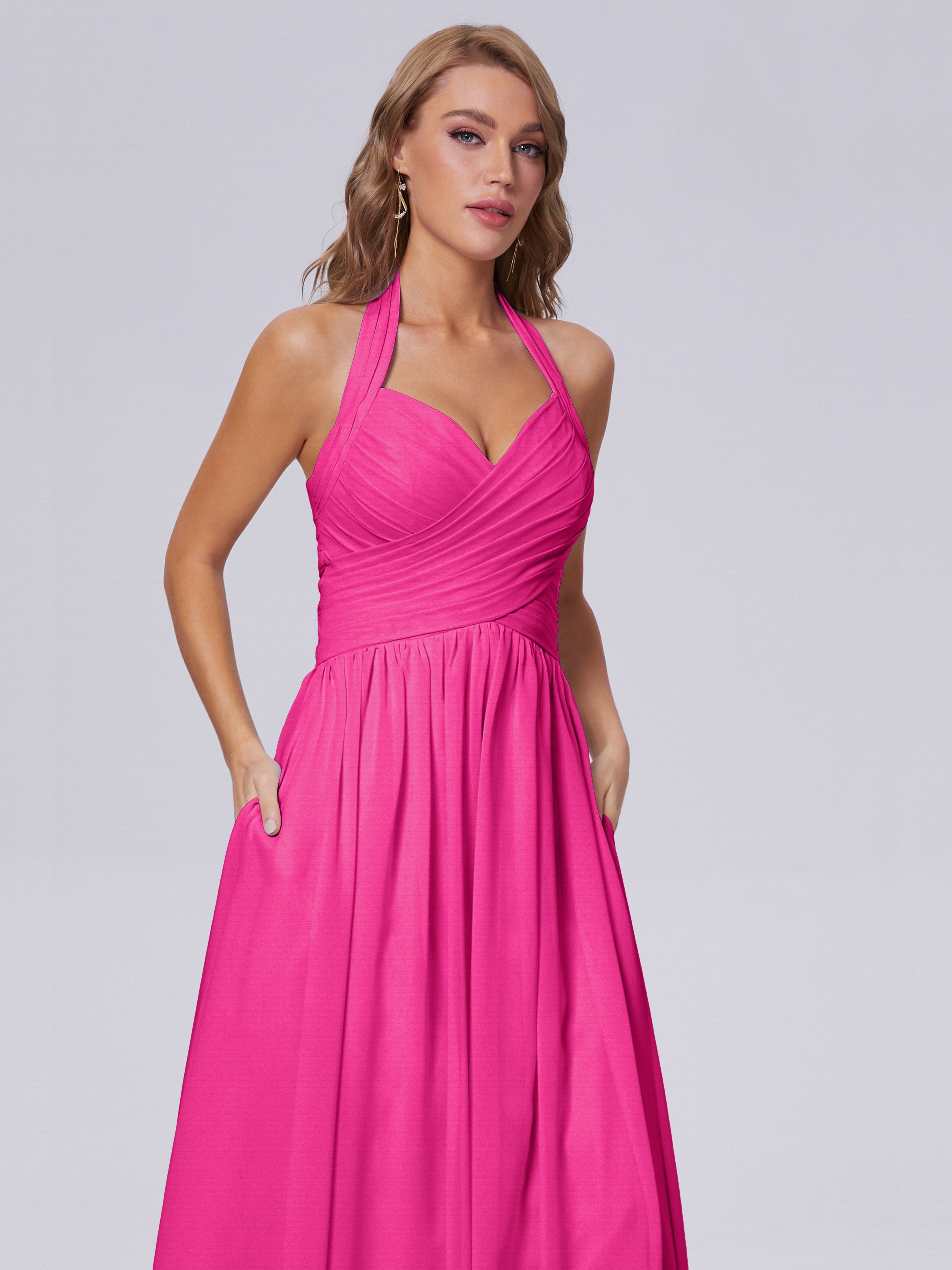 Robes De Demoiselle D'Honneur Couleur Fuchsia Rose Superbe Licou Mousseline Robes Demoiselle D'Honneur