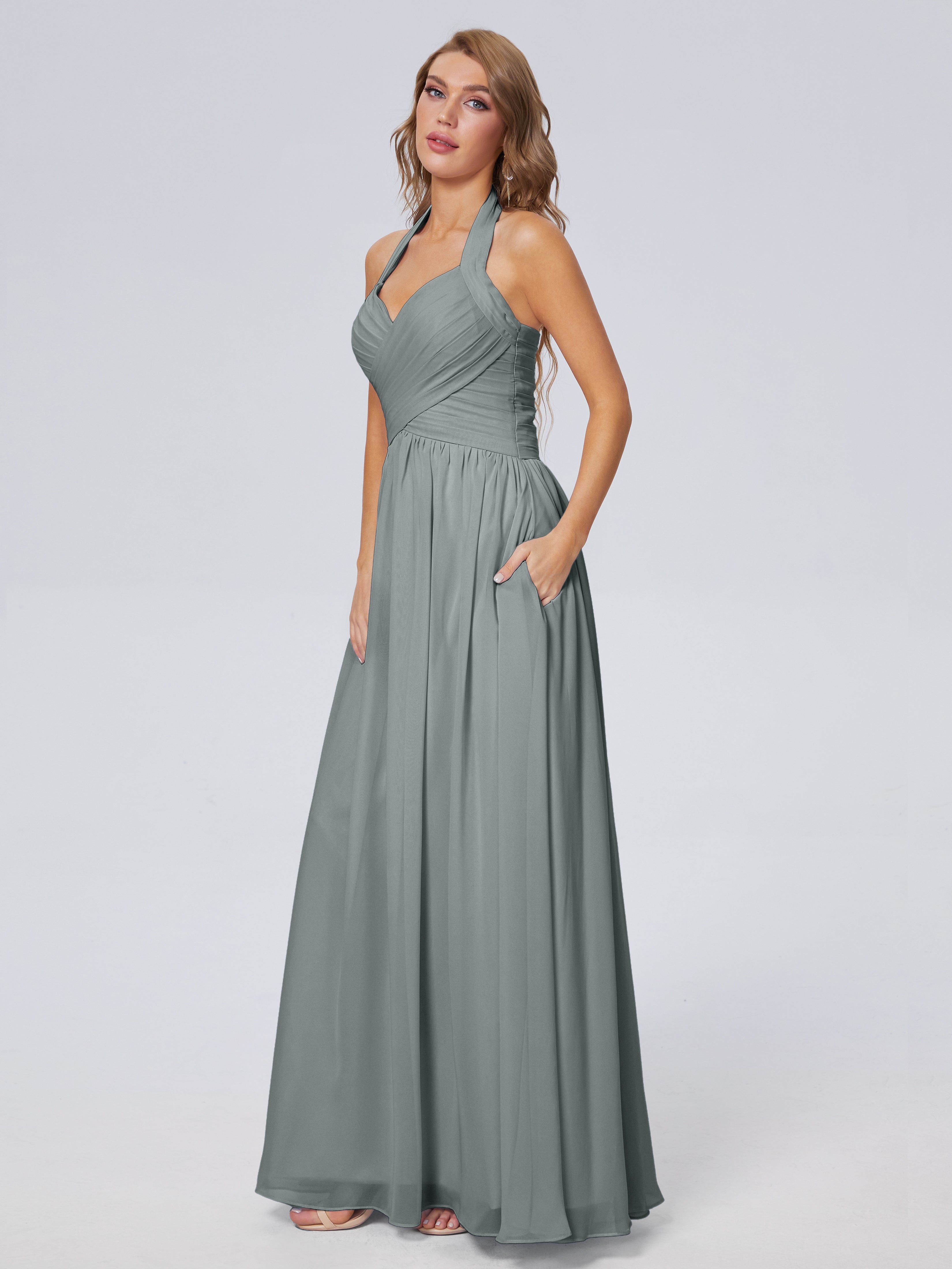 Robe Demoiselle D Honneur Gris Argenté Superbe Licou Mousseline Robes Demoiselle D'Honneur