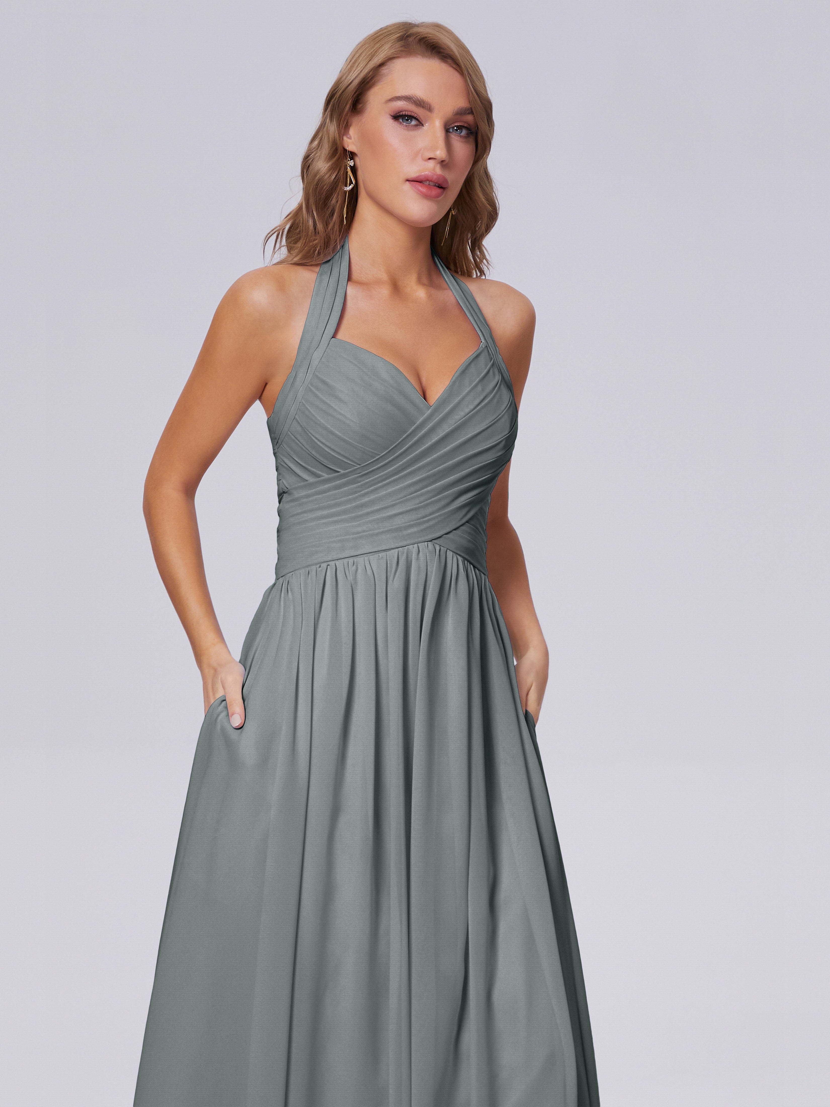 Robe Demoiselle D Honneur Gris Argenté Superbe Licou Mousseline Robes Demoiselle D'Honneur