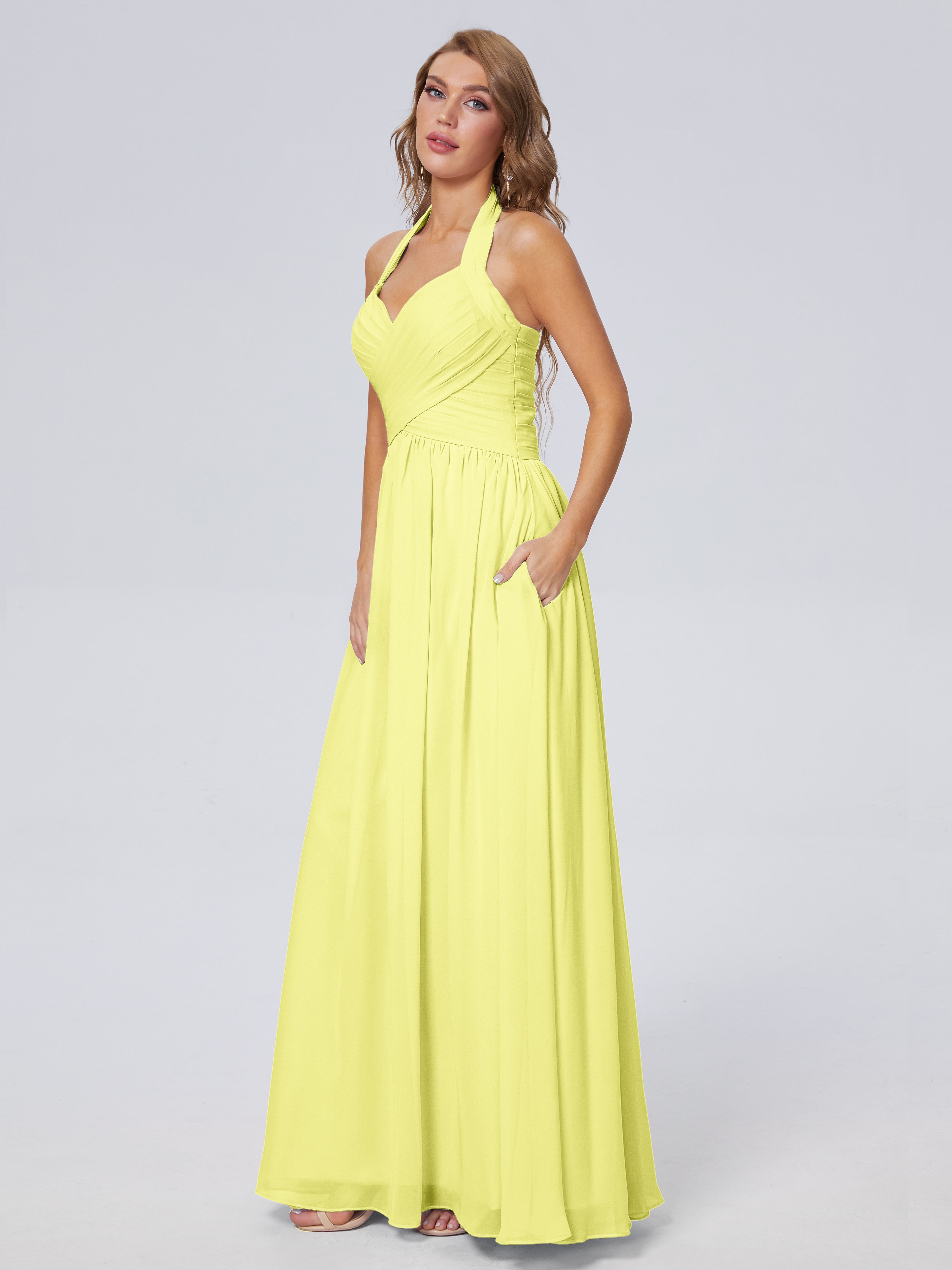 Robes De Demoiselle D'Honneur Jonquille Superbe Licou Mousseline Robes Demoiselle D'Honneur