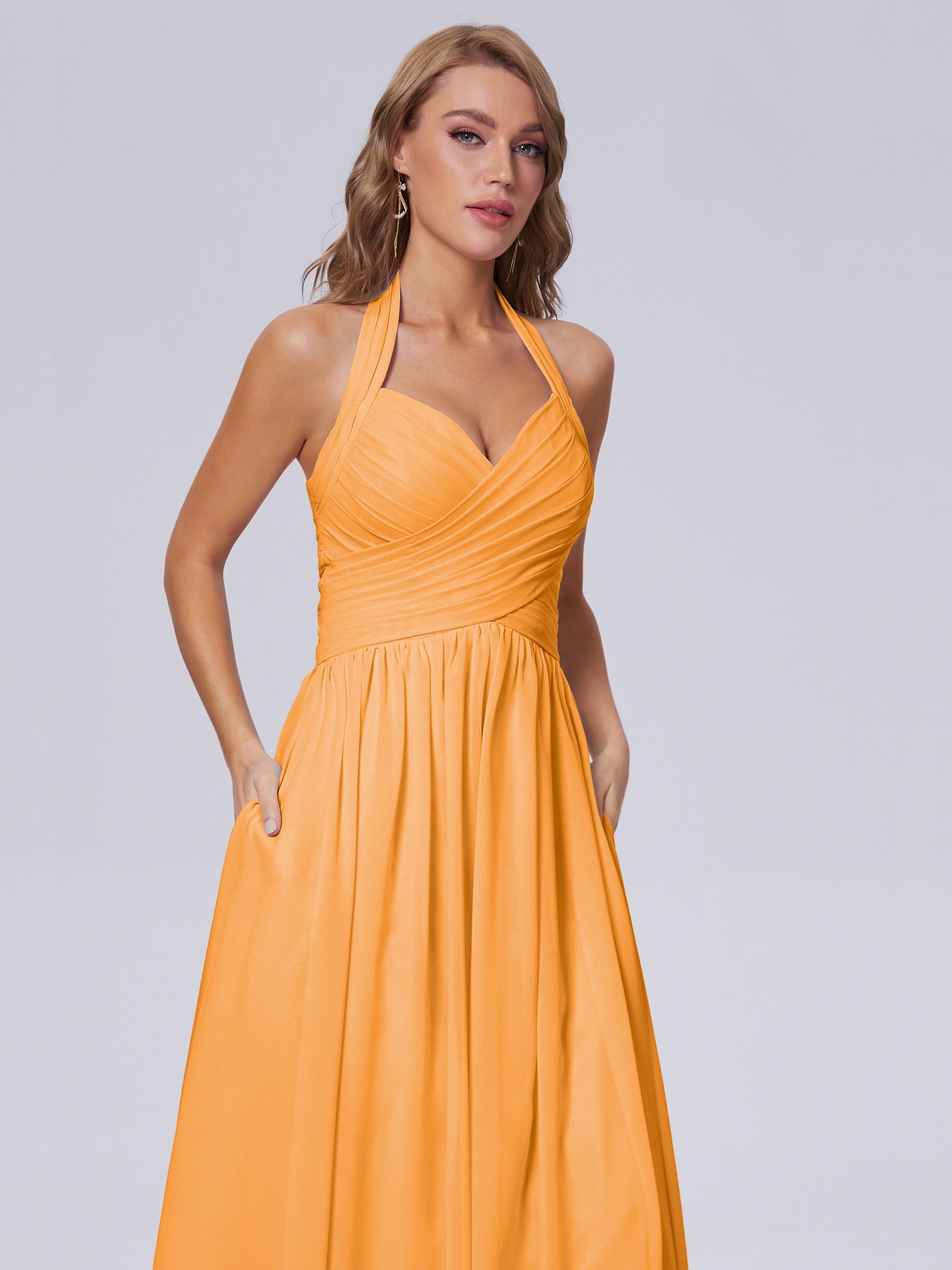 Robes De Demoiselle D'Honneur Mandarine Superbe Licou Mousseline Robes Demoiselle D'Honneur