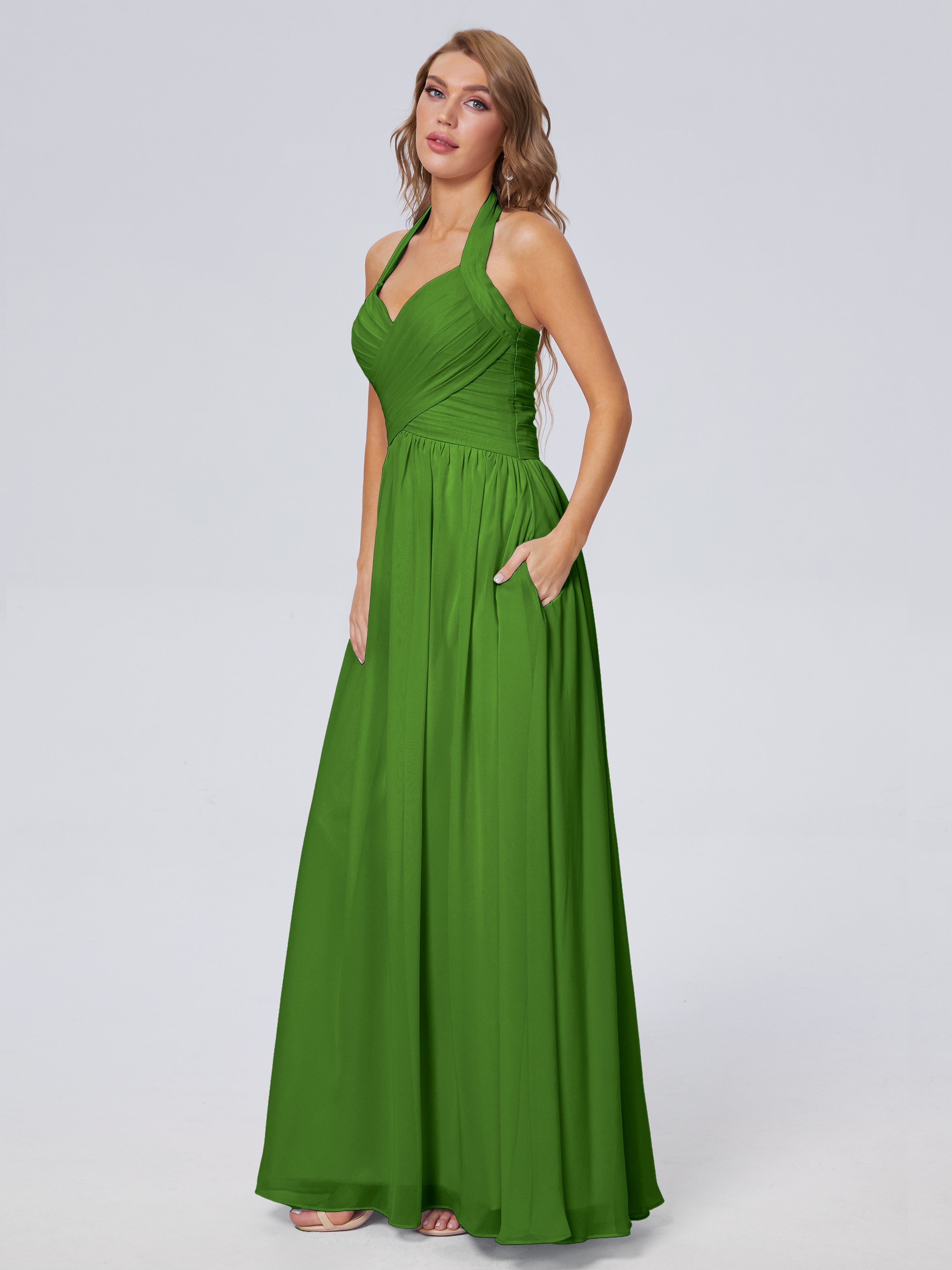 Robes De Demoiselle D'Honneur Vert Mousse Superbe Licou Mousseline Robes Demoiselle D'Honneur