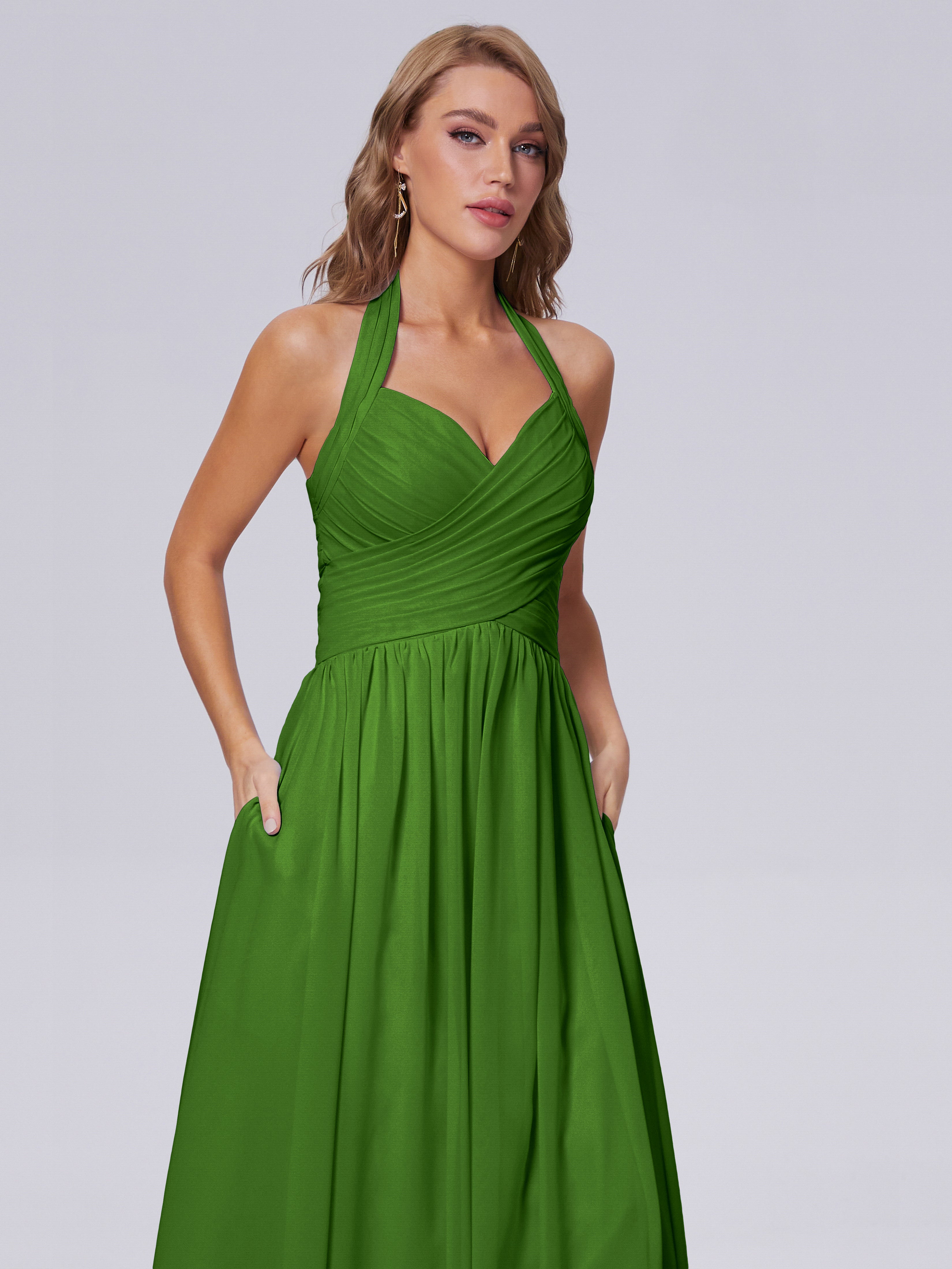 Robes De Demoiselle D'Honneur Vert Mousse Superbe Licou Mousseline Robes Demoiselle D'Honneur