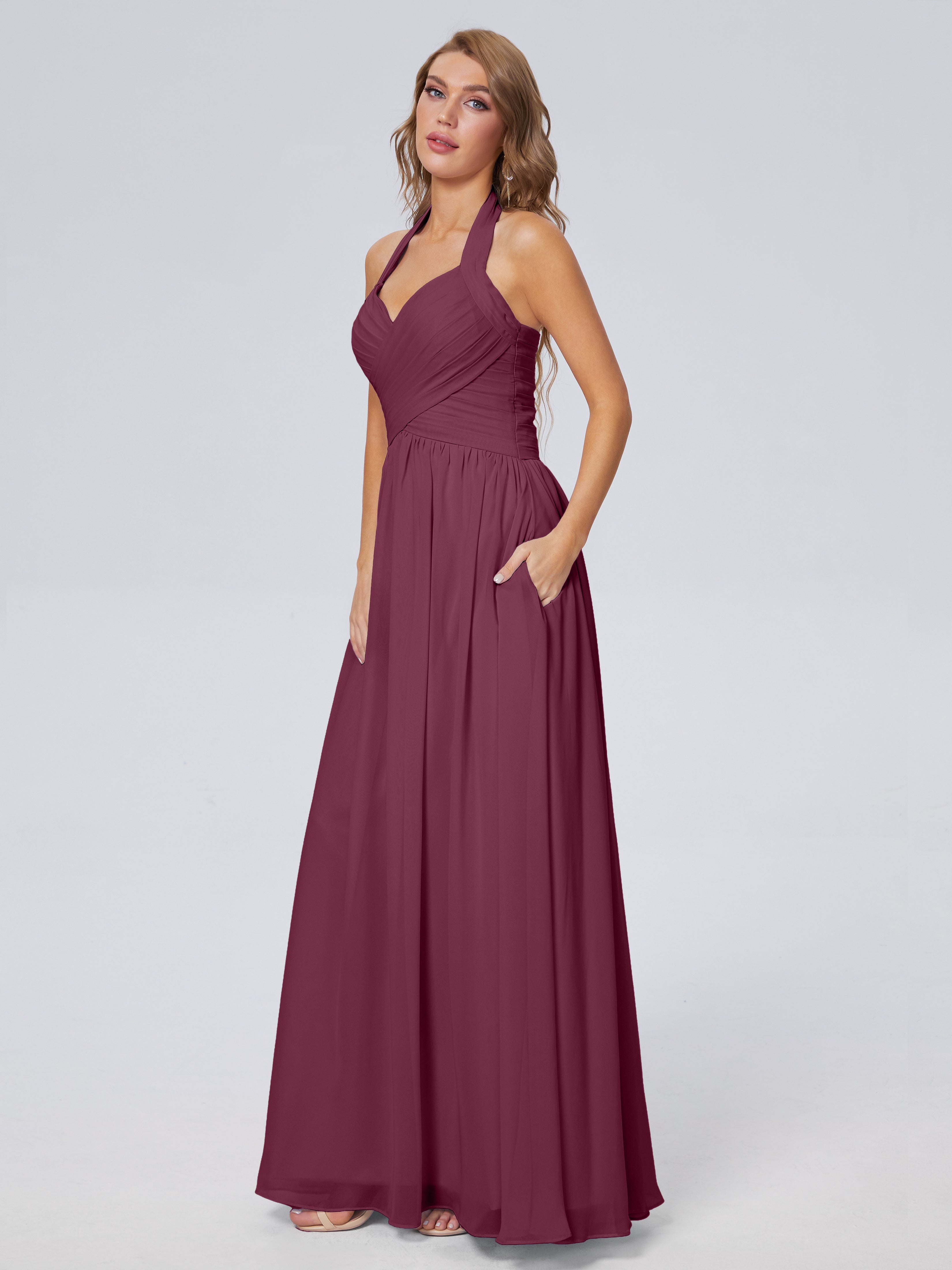 Robes De Demoiselle D'Honneur Mûre Superbe Licou Mousseline Robes Demoiselle D'Honneur