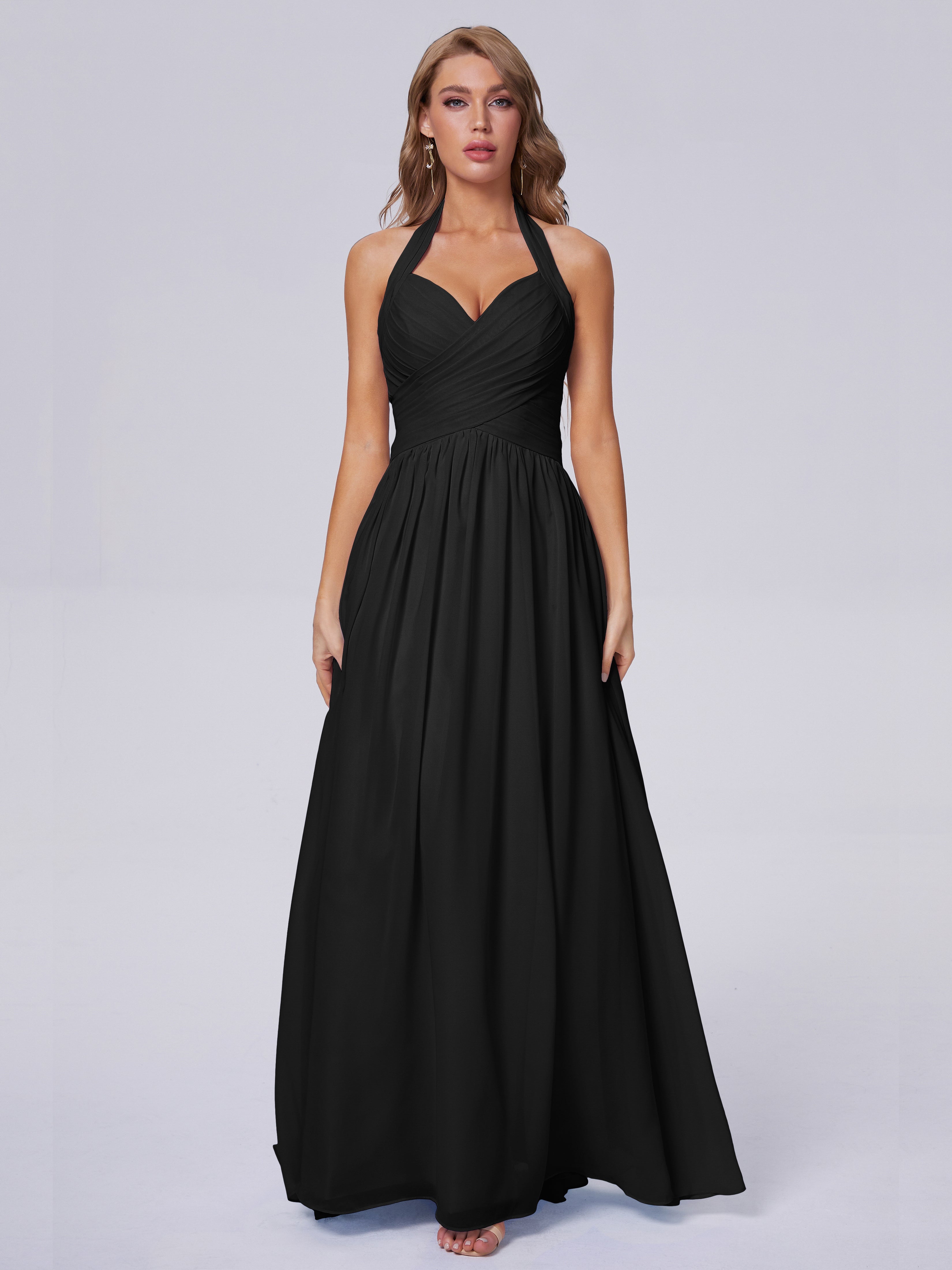 Robes De Demoiselle D'Honneur Noires Superbe Licou Mousseline Robes Demoiselle D'Honneur