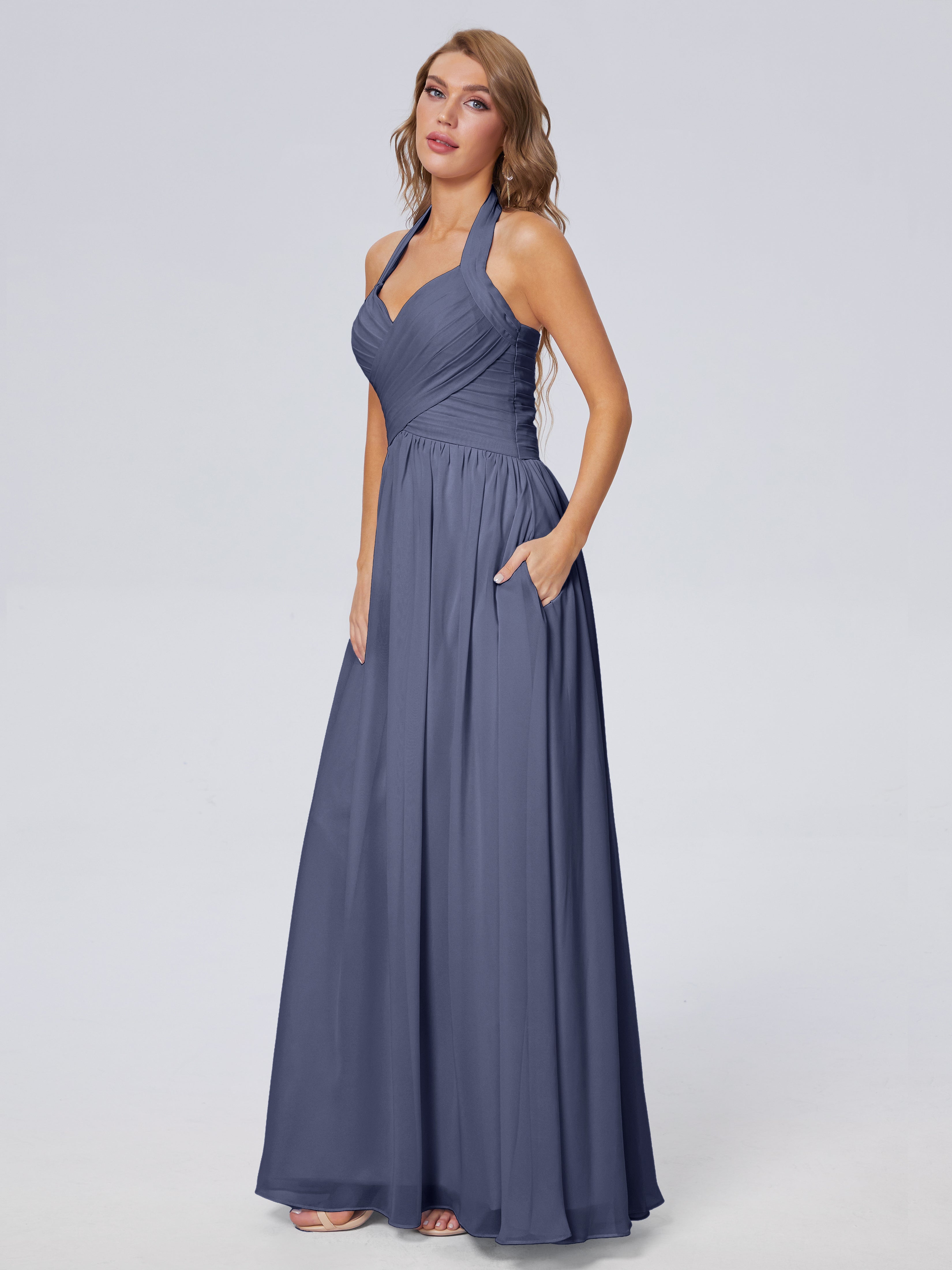 Robes De Demoiselle D'Honneur Bleu Orageux Superbe Licou Mousseline Robes Demoiselle D'Honneur