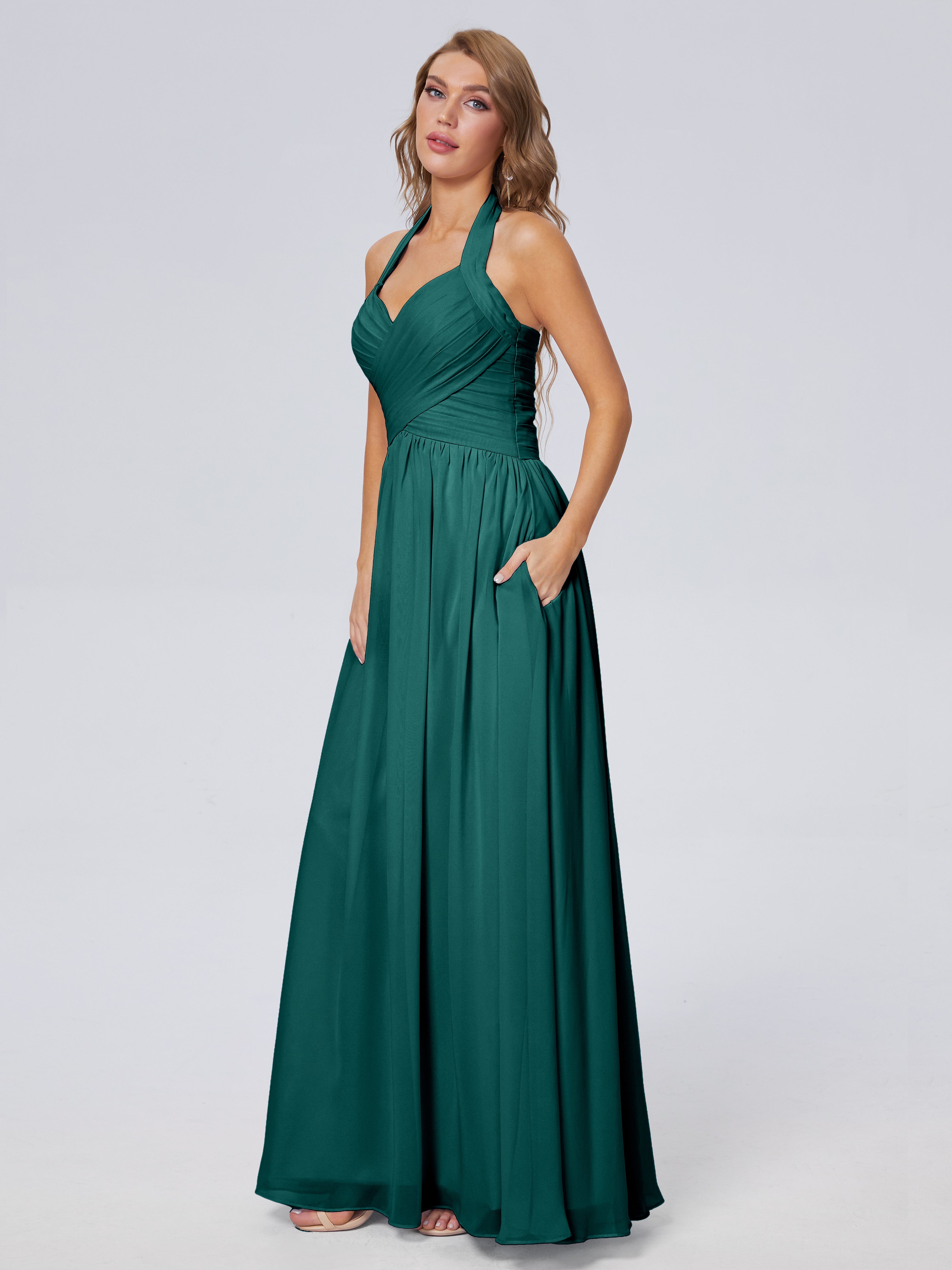 Robes De Demoiselle D'Honneur Couleur Paon Bon Marché Superbe Licou Mousseline Robes Demoiselle D'Honneur