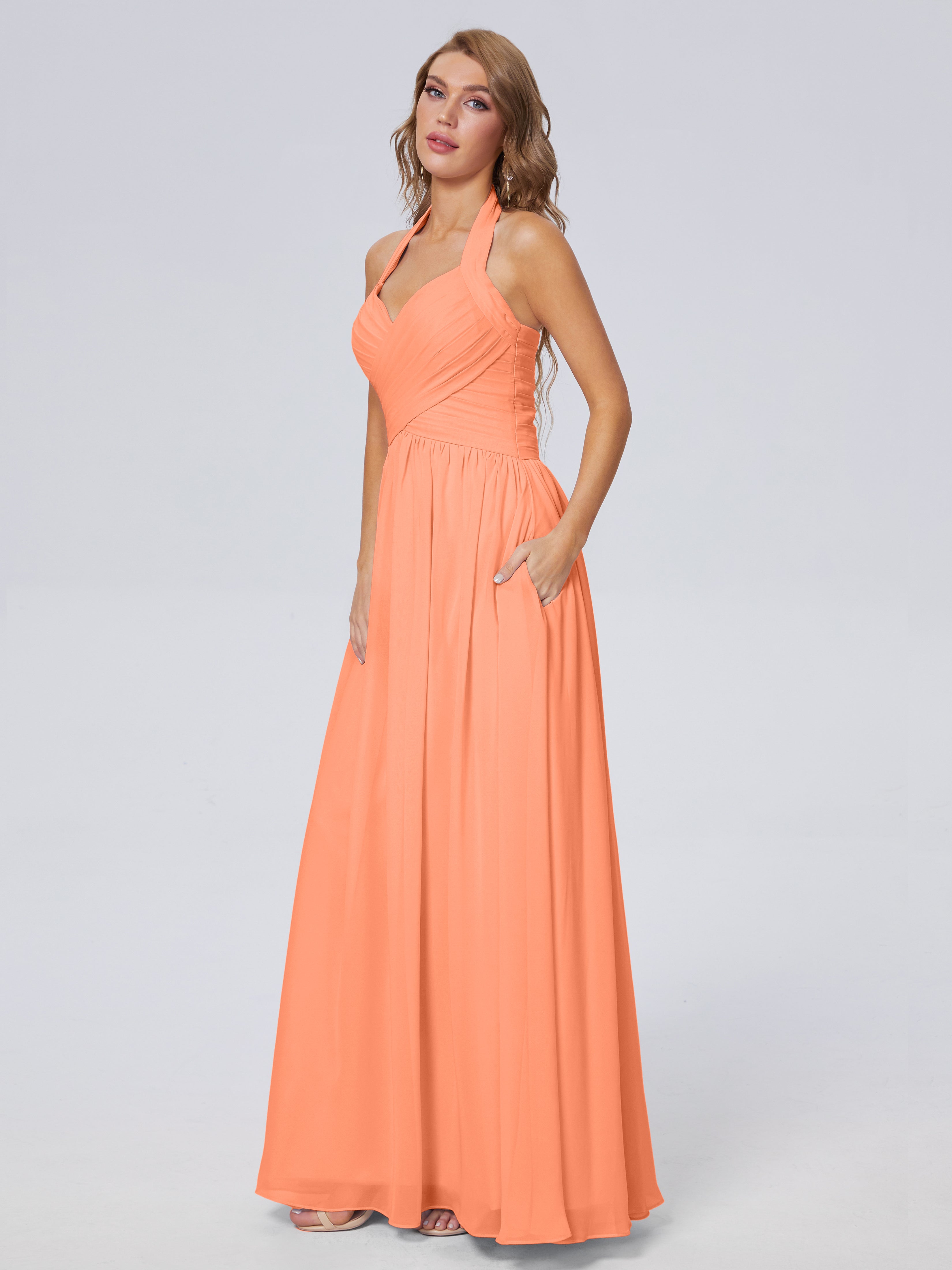Robes De Demoiselle D'Honneur Papaye Superbe Licou Mousseline Robes Demoiselle D'Honneur