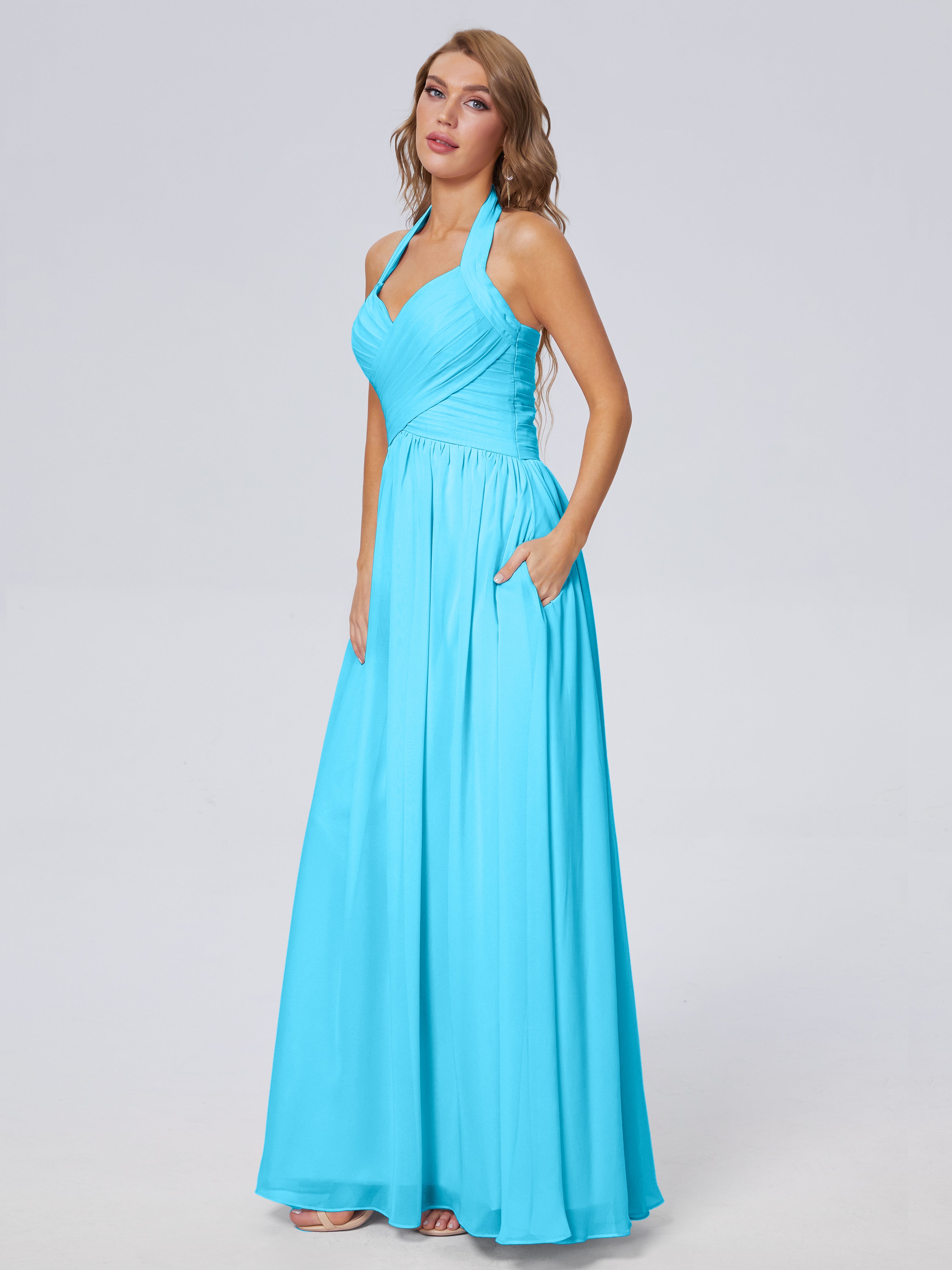 Robe De Demoiselle D'Honneur En Piscine Superbe Licou Mousseline Robes Demoiselle D'Honneur